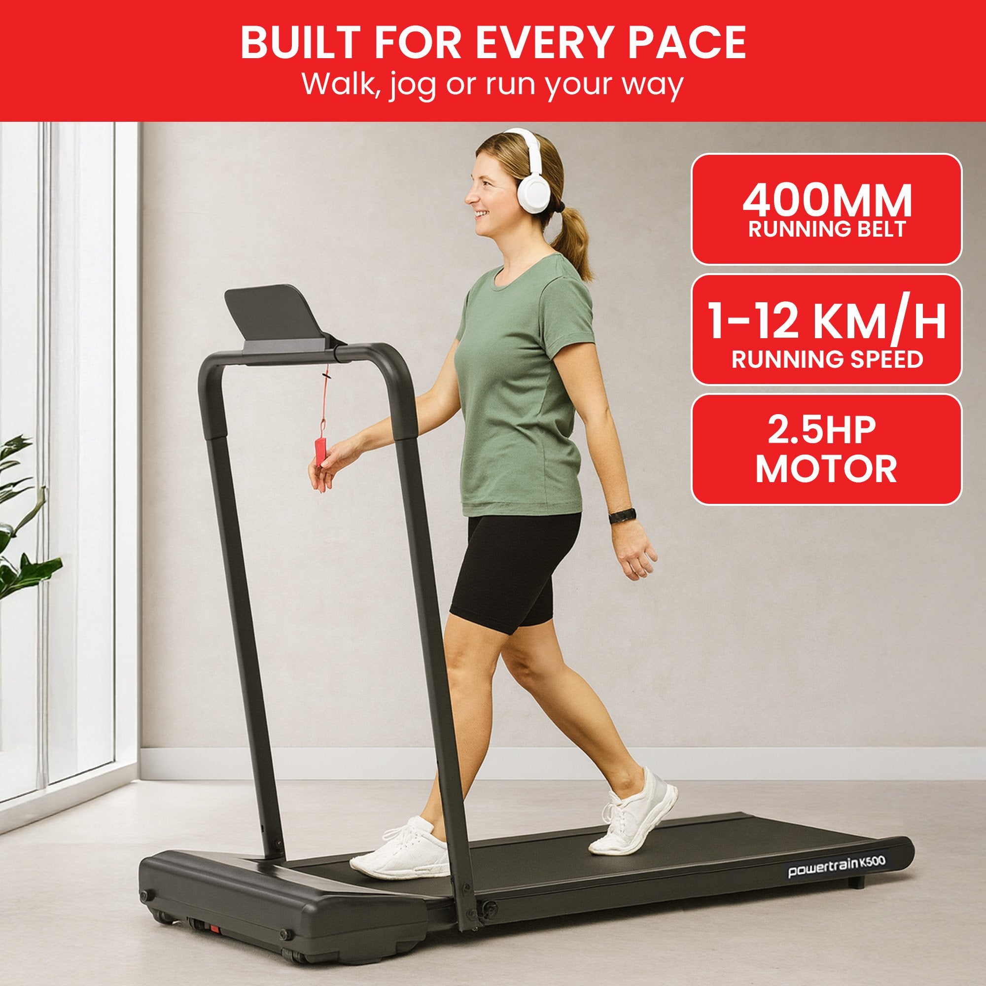 Powertrain K500 Walking Pad Treadmill 2 in 1 Foldable Walking & Running Machine w/2.5HP Motor Dual LED V240-TML-HSM-K500