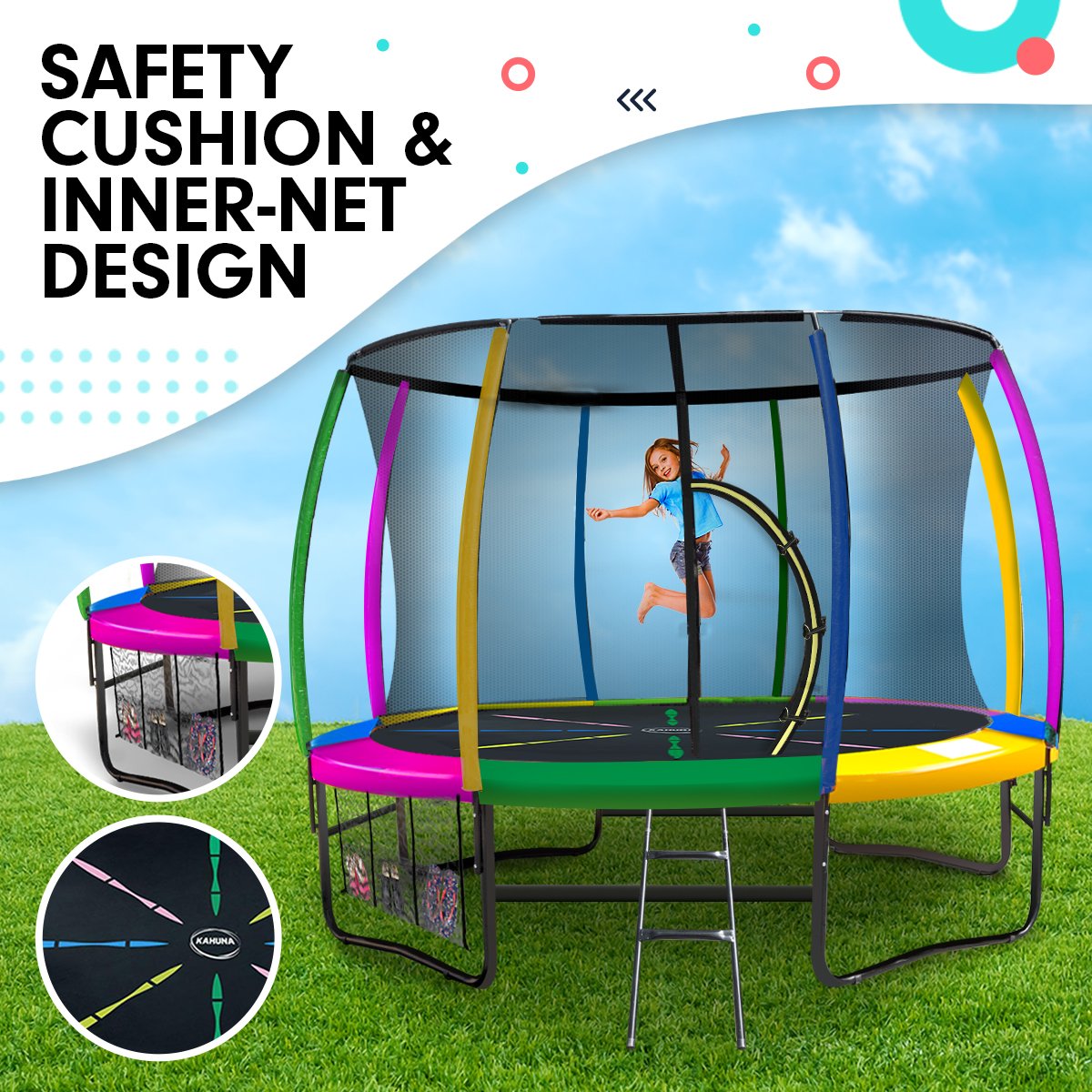 Kahuna 8ft Outdoor Rainbow Trampoline For Kids And Children Suited For Fitness Exercise Gymnastics With V240-TRA-KAH-08-RB