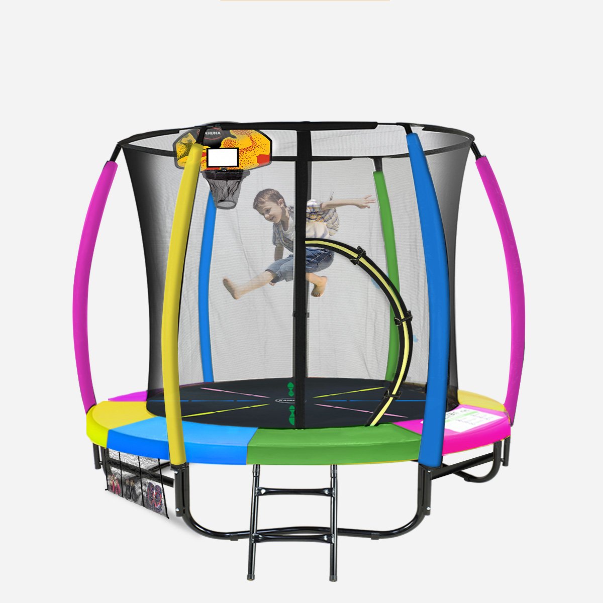 Kahuna 8ft Outdoor Trampoline Kids Children With Safety Enclosure Mat Pad Net Ladder Basketball Hoop Set - V240-TRA-KAH-08-RB-BB