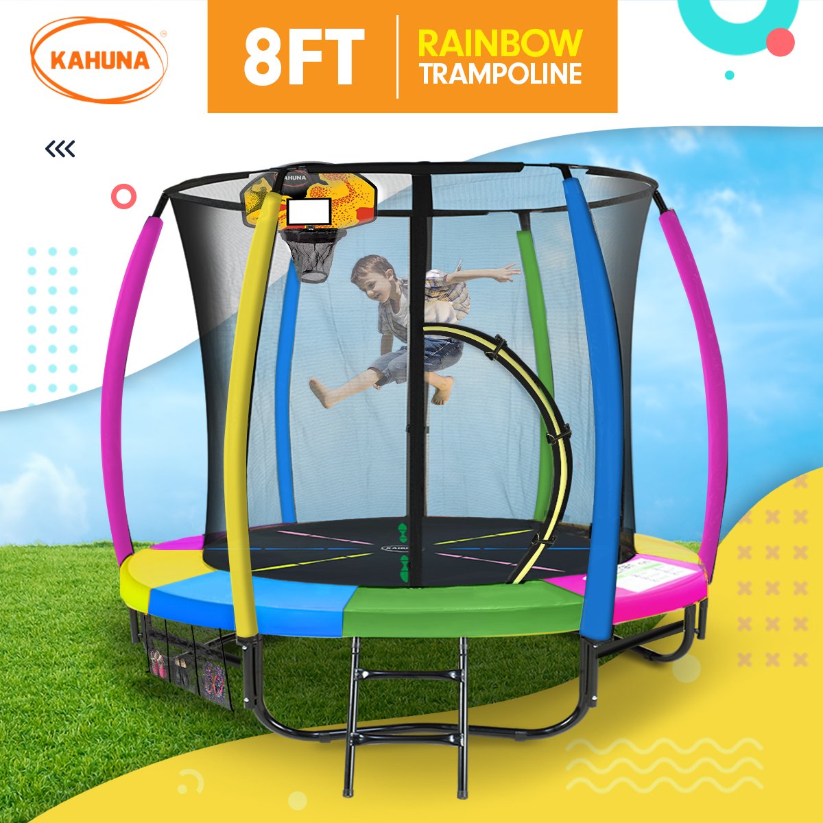 Kahuna 8ft Outdoor Trampoline Kids Children With Safety Enclosure Mat Pad Net Ladder Basketball Hoop Set - V240-TRA-KAH-08-RB-BB