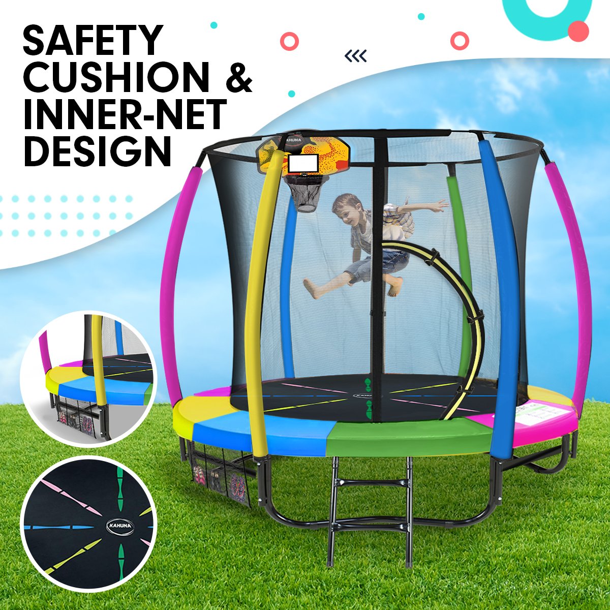 Kahuna 8ft Outdoor Trampoline Kids Children With Safety Enclosure Mat Pad Net Ladder Basketball Hoop Set - V240-TRA-KAH-08-RB-BB
