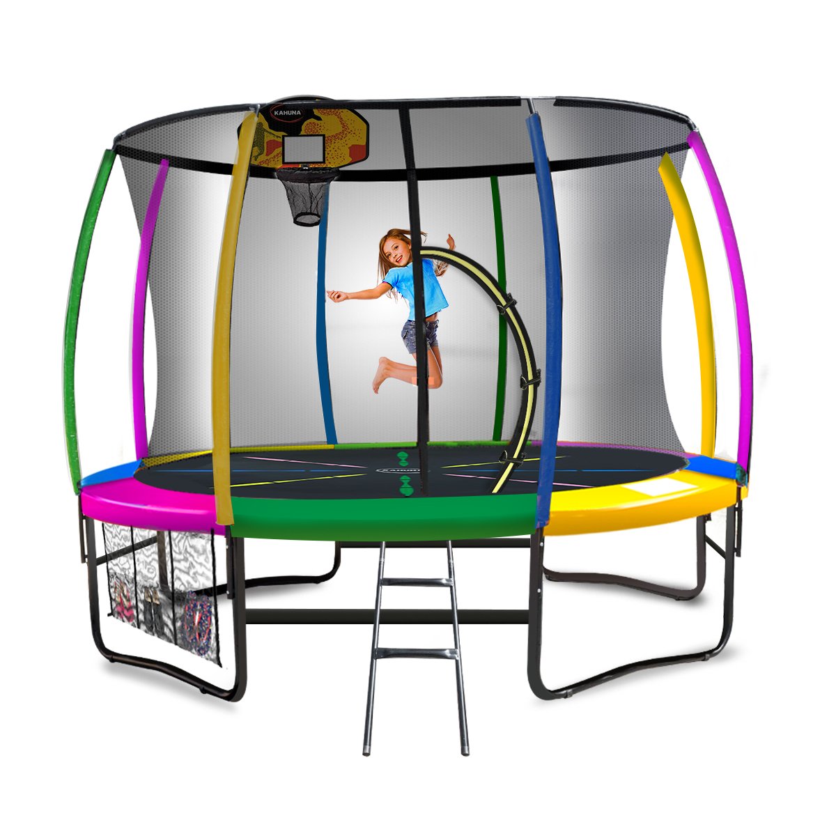 Kahuna 10ft Outdoor Trampoline Kids Children With Safety Enclosure Pad Mat Ladder Basketball Hoop Set - V240-TRA-KAH-10-RB-BB