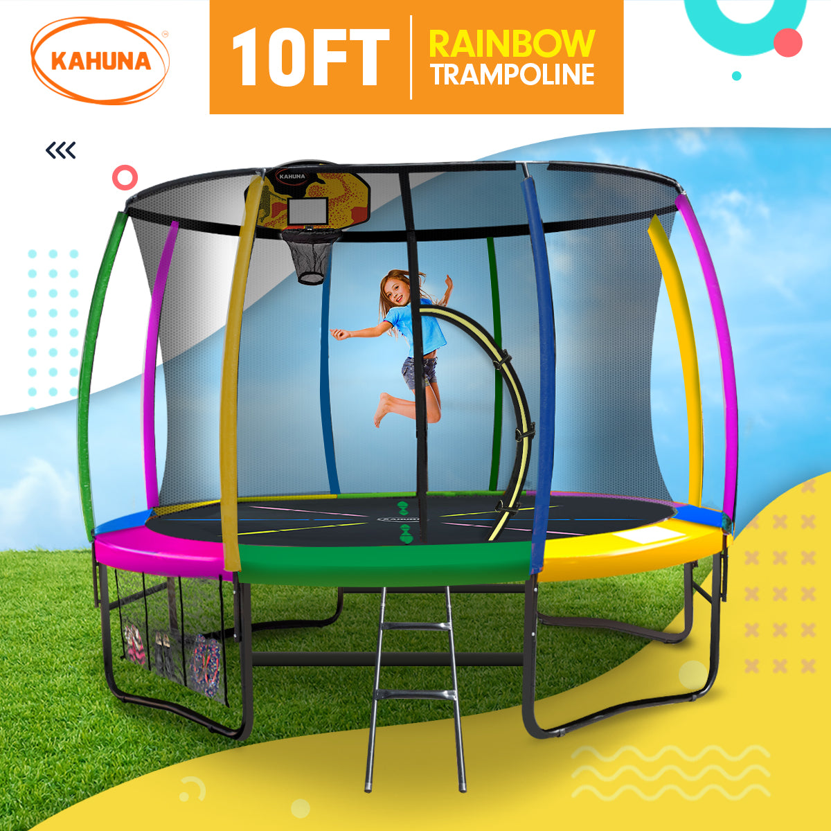 Kahuna 10ft Outdoor Trampoline Kids Children With Safety Enclosure Pad Mat Ladder Basketball Hoop Set - V240-TRA-KAH-10-RB-BB