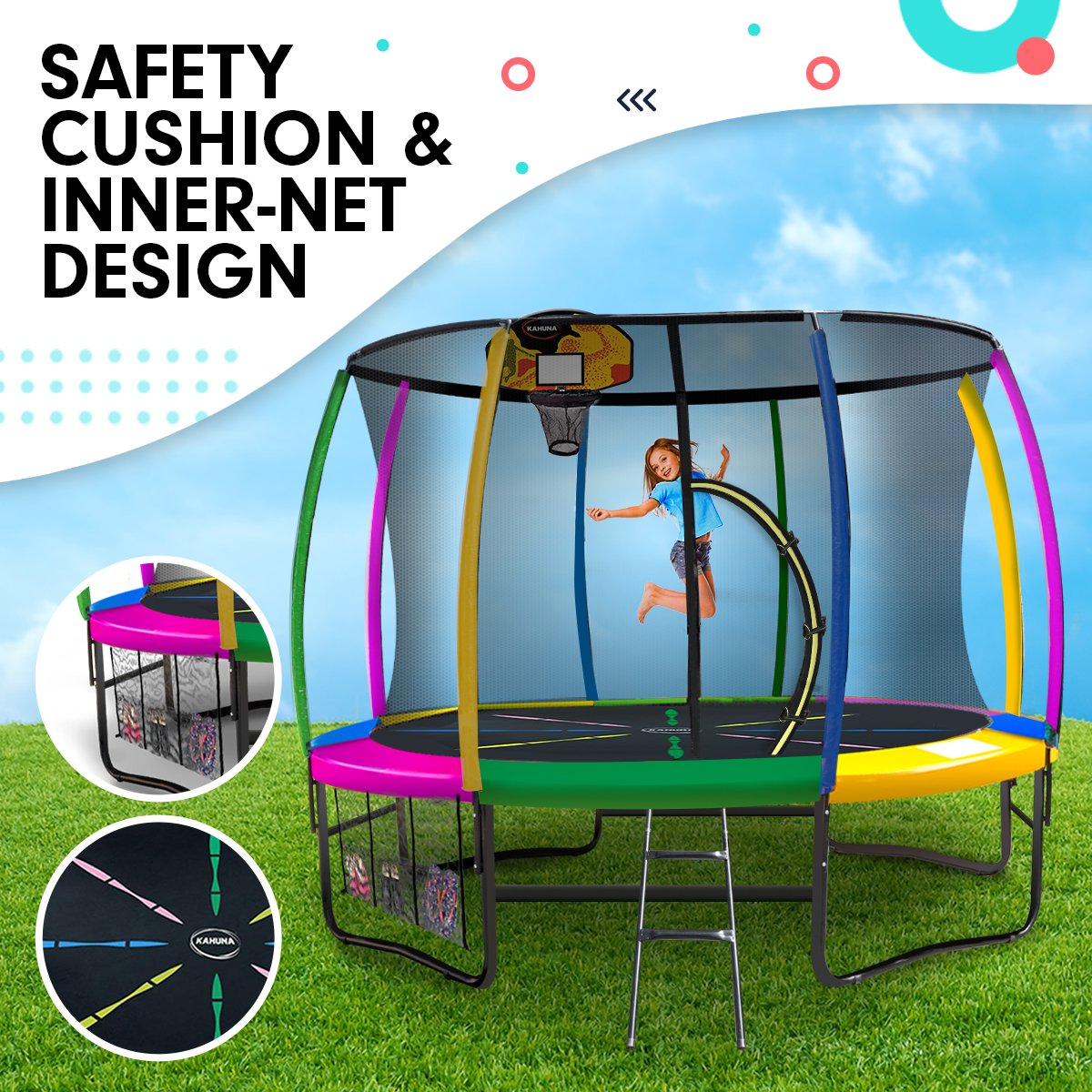 Kahuna 10ft Outdoor Trampoline Kids Children With Safety Enclosure Pad Mat Ladder Basketball Hoop Set - V240-TRA-KAH-10-RB-BB