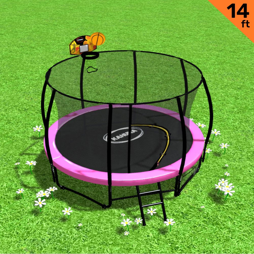 Kahuna 14ft Outdoor Trampoline Kids Children With Safety Enclosure Pad Mat Ladder Basketball Hoop Set - Pink V240-TRA-KAH-14-PK-BB