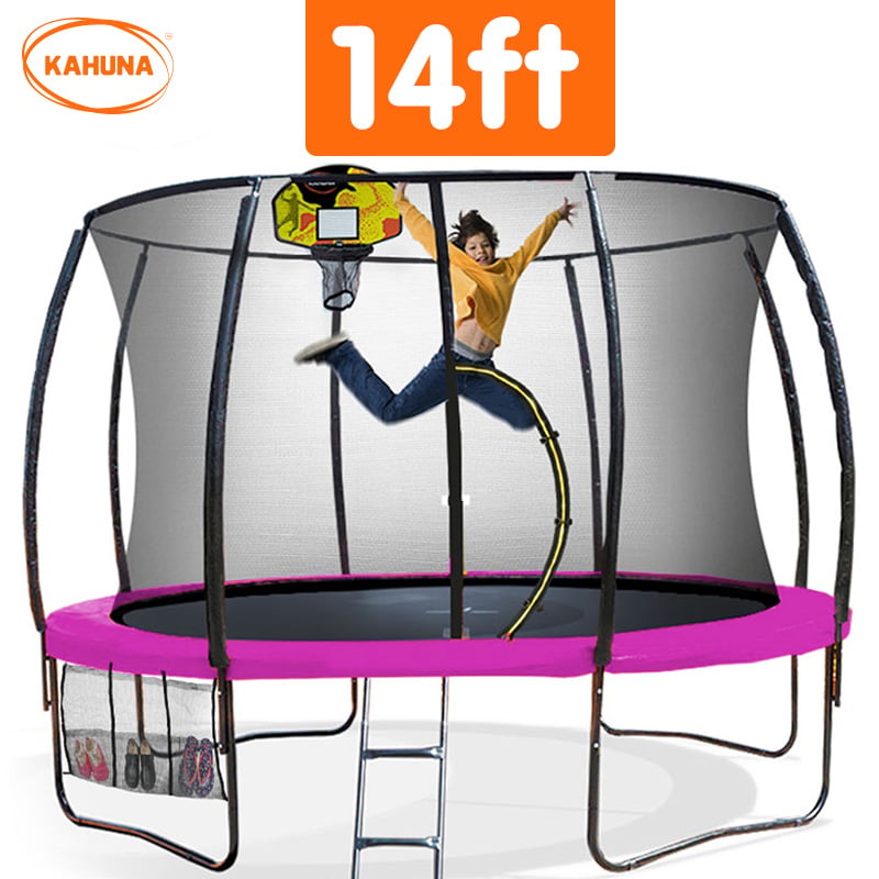 Kahuna 14ft Outdoor Trampoline Kids Children With Safety Enclosure Pad Mat Ladder Basketball Hoop Set - Pink V240-TRA-KAH-14-PK-BB