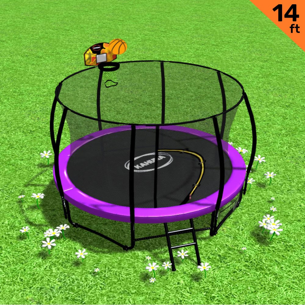 Kahuna 14ft Outdoor Trampoline Kids Children With Safety Enclosure Pad Mat Ladder Basketball Hoop Set - Purple V240-TRA-KAH-14-PU-BB