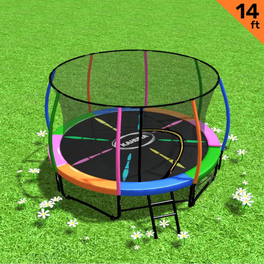 Kahuna 14ft Trampoline Free Ladder Spring Mat Net Safety Pad Cover Round Enclosure - Rainbow V240-TRA-KAH-14-RB