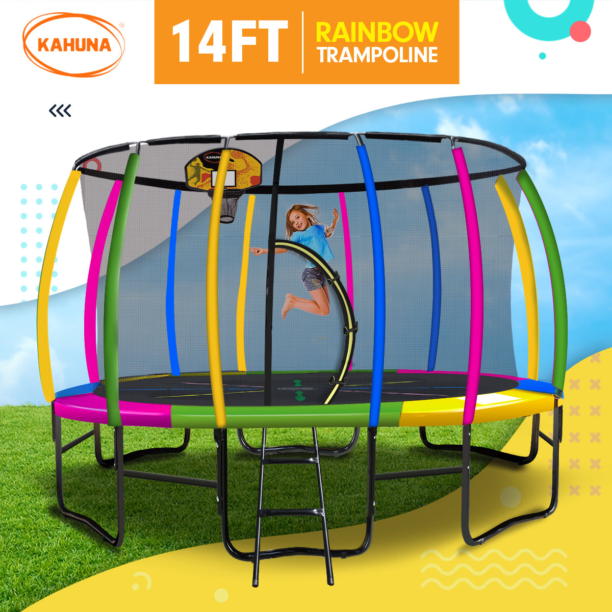 Kahuna 14ft Outdoor Trampoline Kids Children With Safety Enclosure Pad Mat Ladder Basketball Hoop Set - V240-TRA-KAH-14-RB-BB