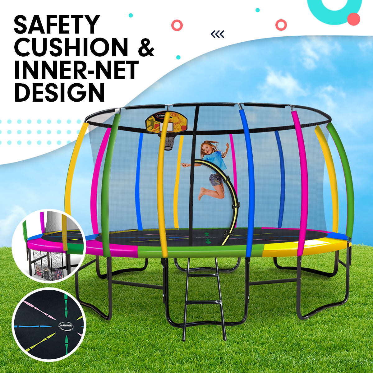 Kahuna 14ft Outdoor Trampoline Kids Children With Safety Enclosure Pad Mat Ladder Basketball Hoop Set - V240-TRA-KAH-14-RB-BB