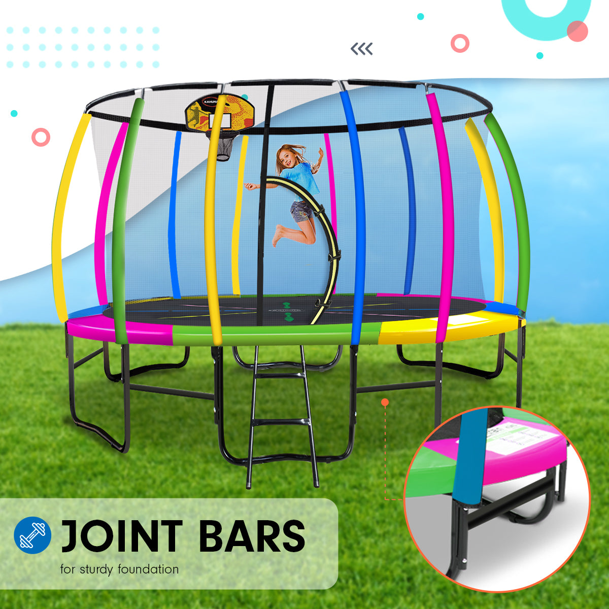 Kahuna 14ft Outdoor Trampoline Kids Children With Safety Enclosure Pad Mat Ladder Basketball Hoop Set - V240-TRA-KAH-14-RB-BB