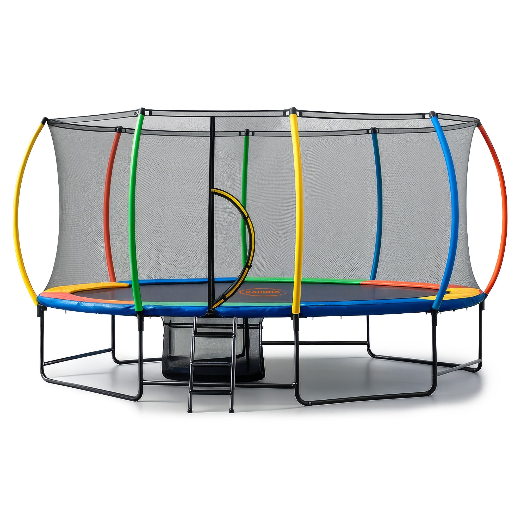 Kahuna 10 ft x 15 ft Oval Outdoor Trampoline with Reversible Rainbow & Orange Safety Pad Safety Net and Ladder V240-TRA-ZOV-1015-RBOR