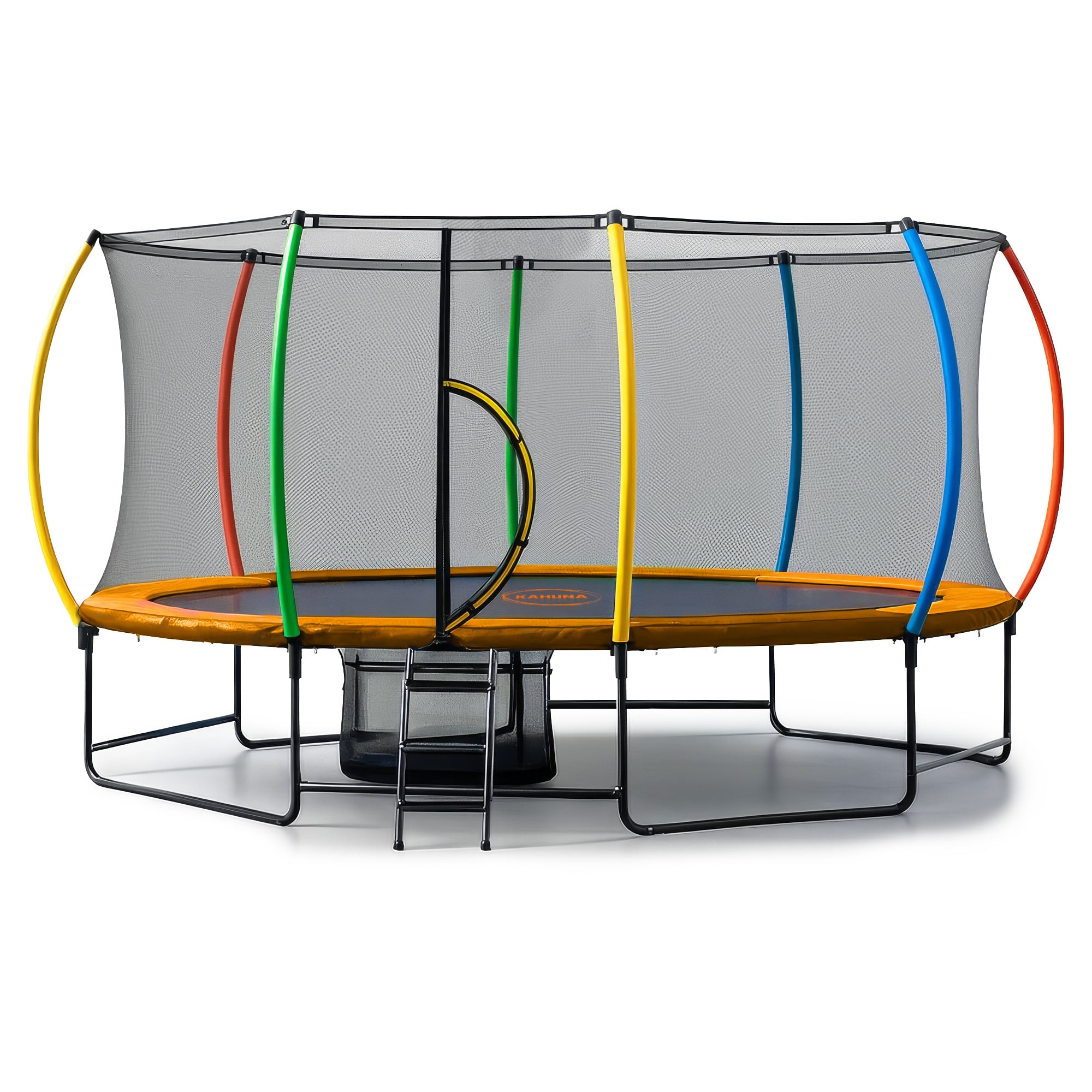Kahuna 10 ft x 15 ft Oval Outdoor Trampoline with Reversible Rainbow & Orange Safety Pad Safety Net and Ladder V240-TRA-ZOV-1015-RBOR