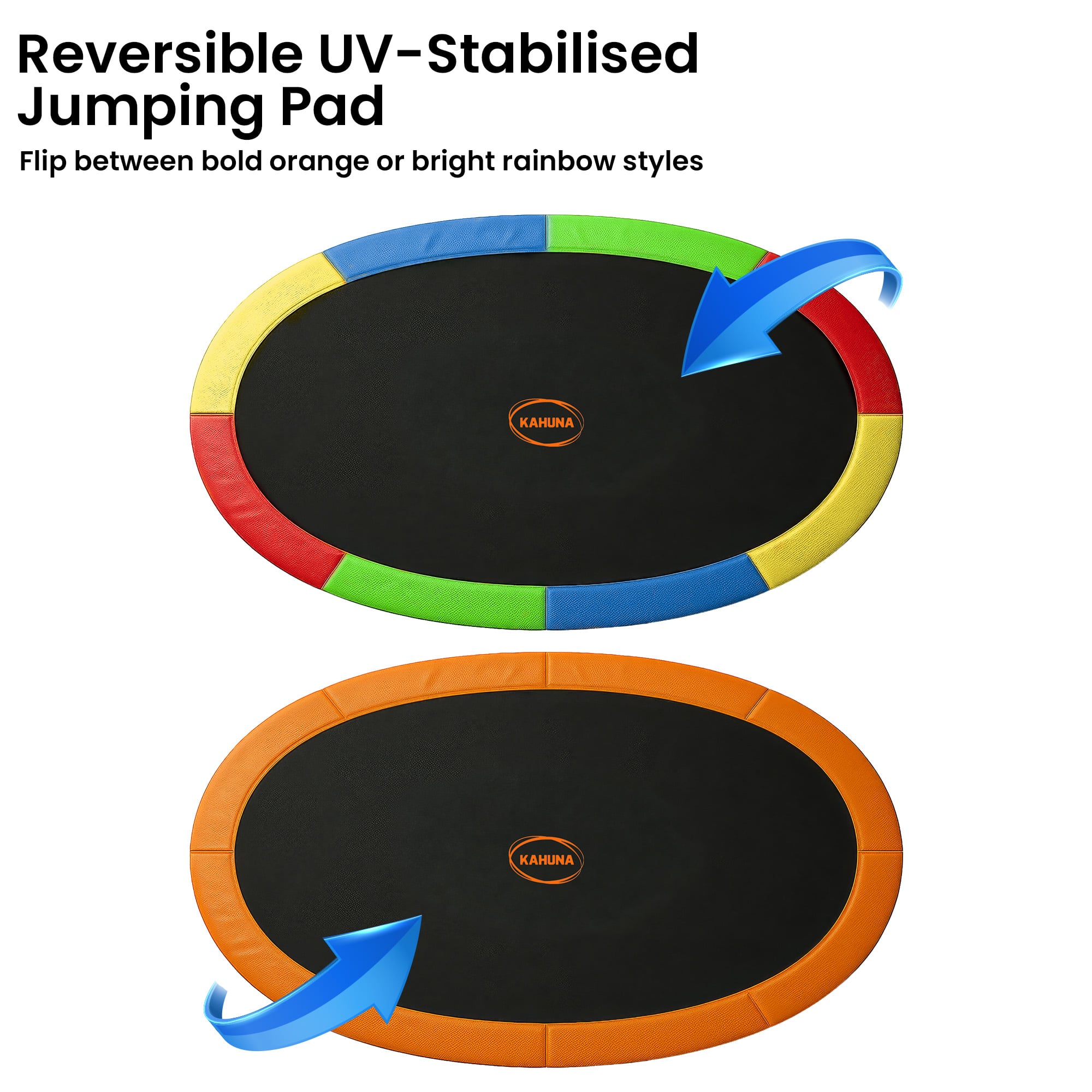 Kahuna 10 ft x 15 ft Oval Outdoor Trampoline with Reversible Rainbow & Orange Safety Pad Safety Net and Ladder V240-TRA-ZOV-1015-RBOR