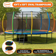 Kahuna 10 ft x 15 ft Oval Outdoor Trampoline with Reversible Rainbow & Orange Safety Pad Safety Net and Ladder V240-TRA-ZOV-1015-RBOR