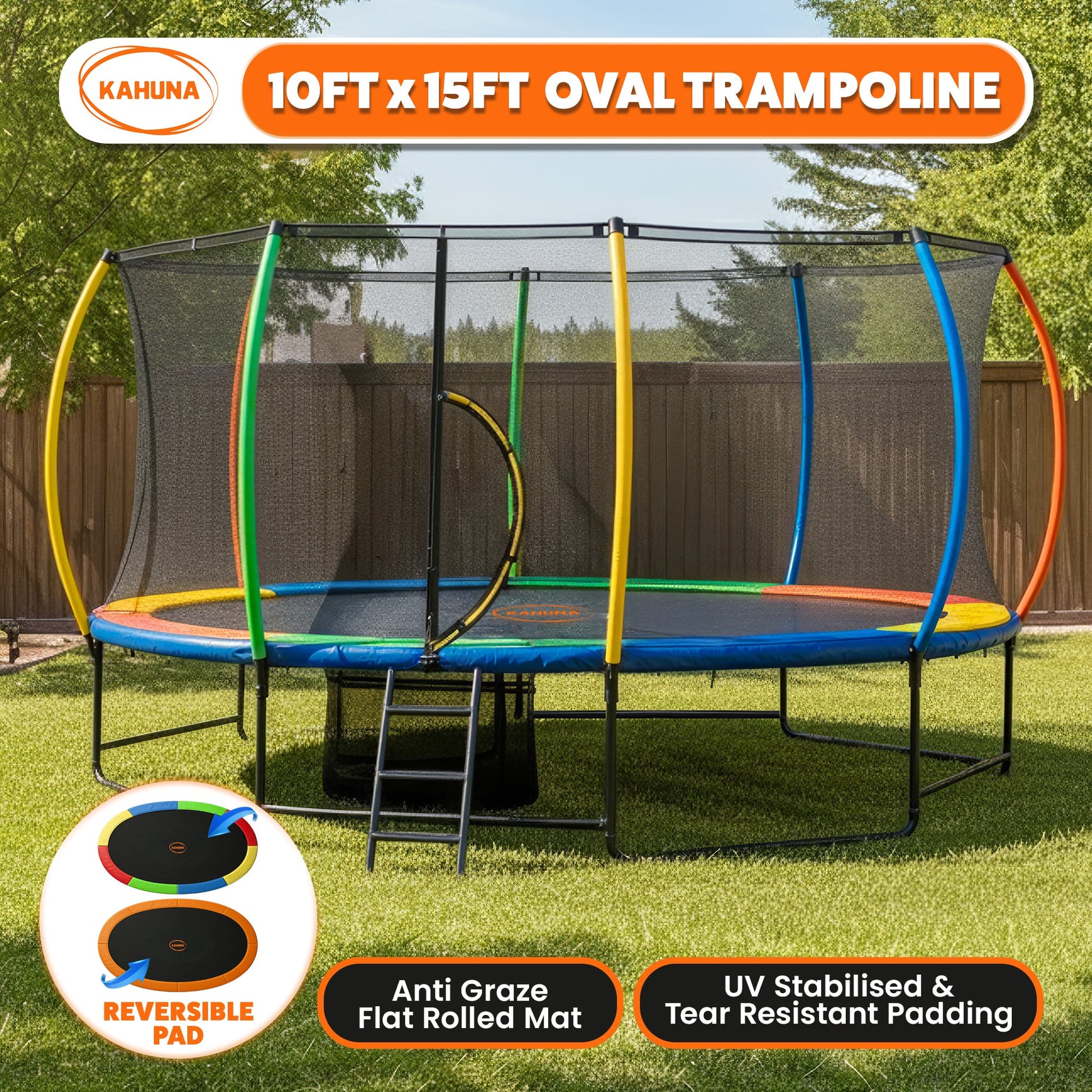 Kahuna 10 ft x 15 ft Oval Outdoor Trampoline with Reversible Rainbow & Orange Safety Pad Safety Net and Ladder V240-TRA-ZOV-1015-RBOR