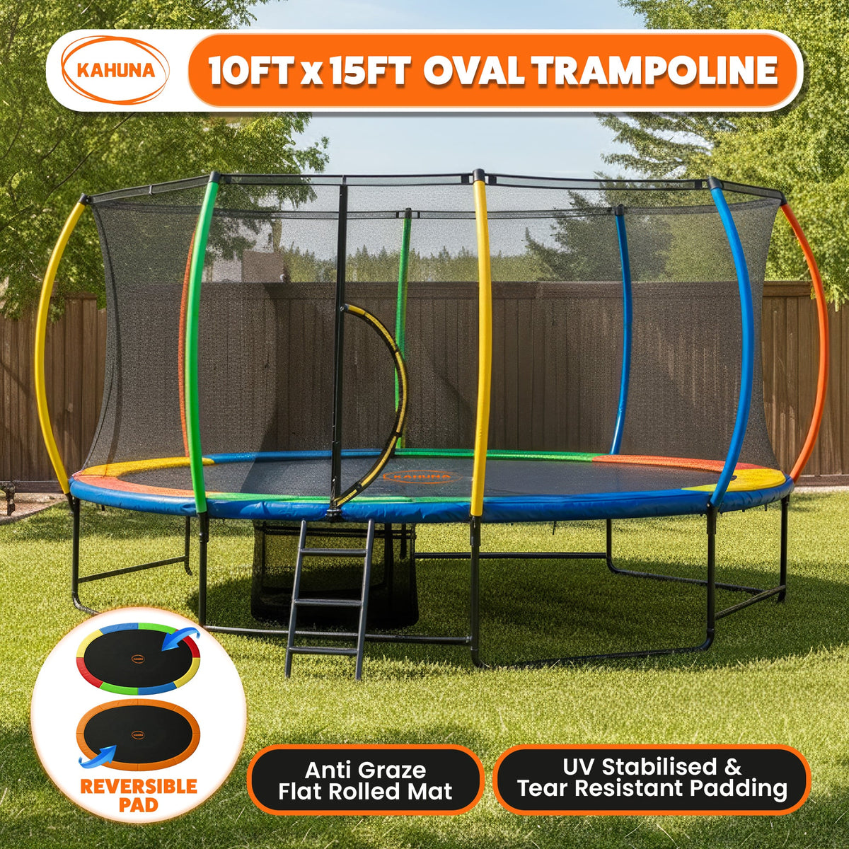 Kahuna 10 ft x 15 ft Oval Outdoor Trampoline with Reversible Rainbow & Orange Safety Pad Safety Net and Ladder V240-TRA-ZOV-1015-RBOR