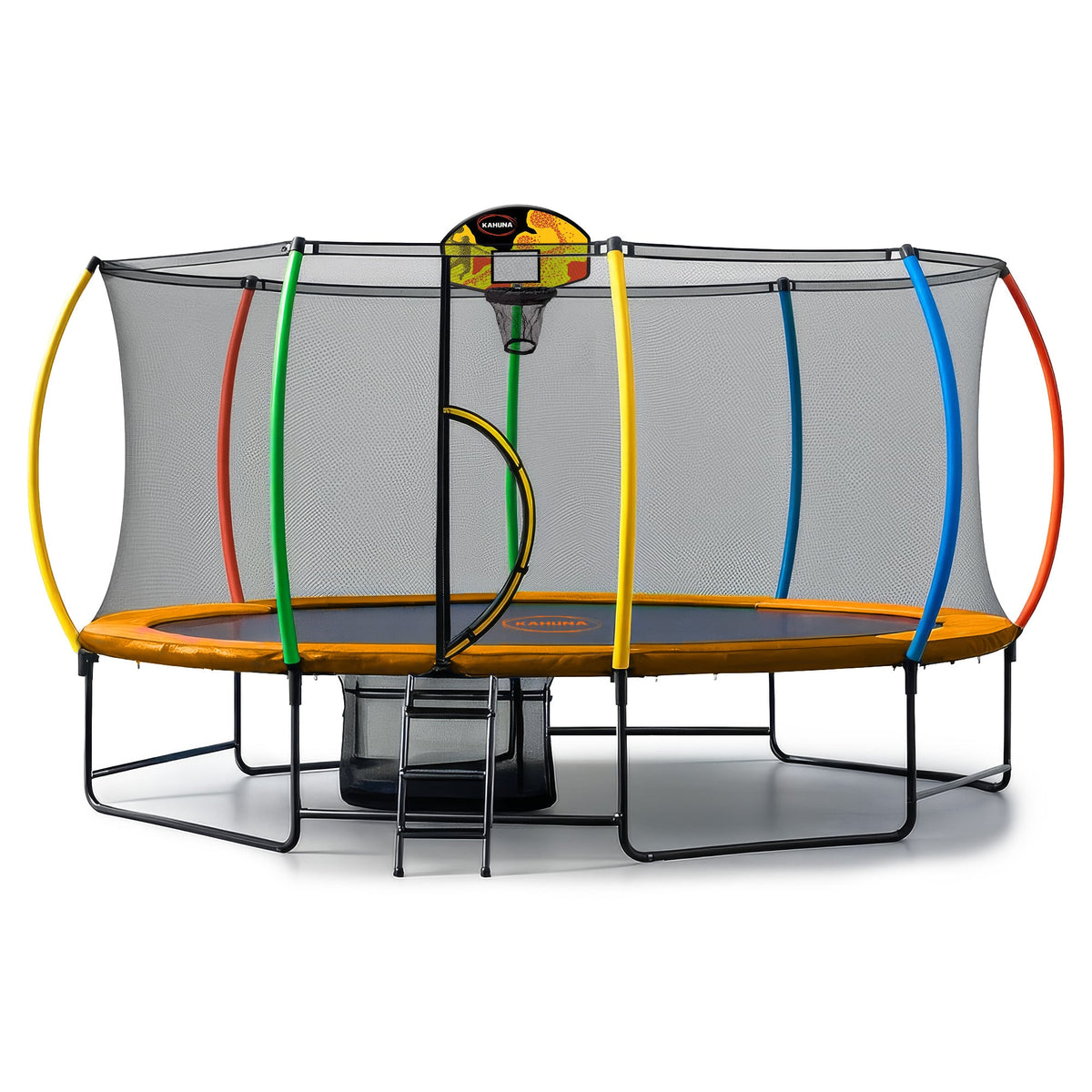 Kahuna 10 ft x 15 ft Oval Outdoor Trampoline w/ Basketball Set Reversible Rainbow & Orange Safety Pad Safety V240-TRA-ZOV-1015-RBOR-BB