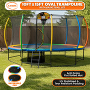 Kahuna 10 ft x 15 ft Oval Outdoor Trampoline w/ Basketball Set Reversible Rainbow & Orange Safety Pad Safety V240-TRA-ZOV-1015-RBOR-BB