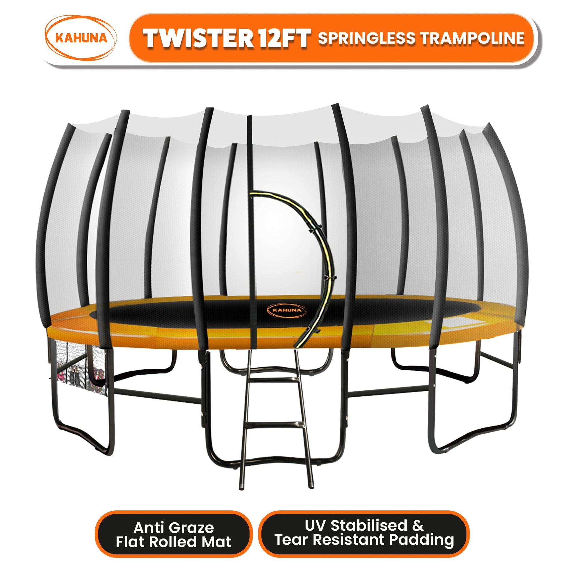 Kahuna Twister 12ft Springless Trampoline Outdoor Mat Pad Net Ladder with Basketball Set V240-TRM-KAH-ELA-12D-BB