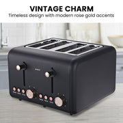 Pronti 4 Slice Toaster Rose Trim Collection - Black V240-TSR-4SL-GST-BK