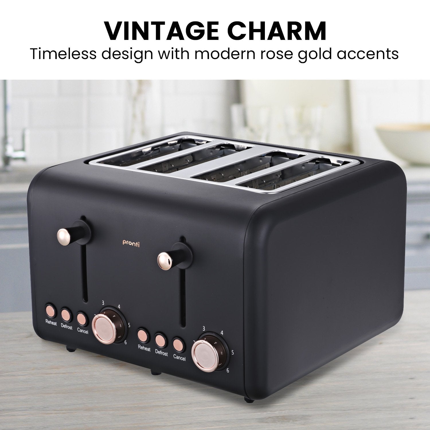 Pronti 4 Slice Toaster Rose Trim Collection - Black V240-TSR-4SL-GST-BK