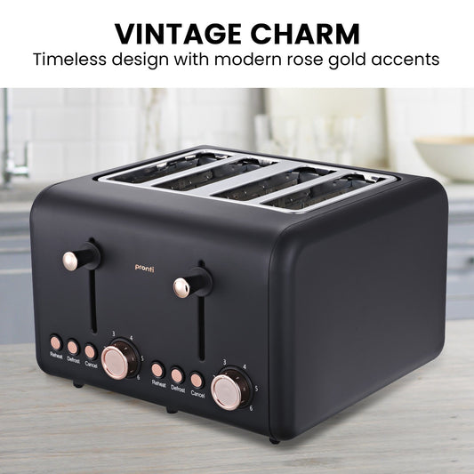 Pronti 4 Slice Toaster Rose Trim Collection - Black V240-TSR-4SL-GST-BK