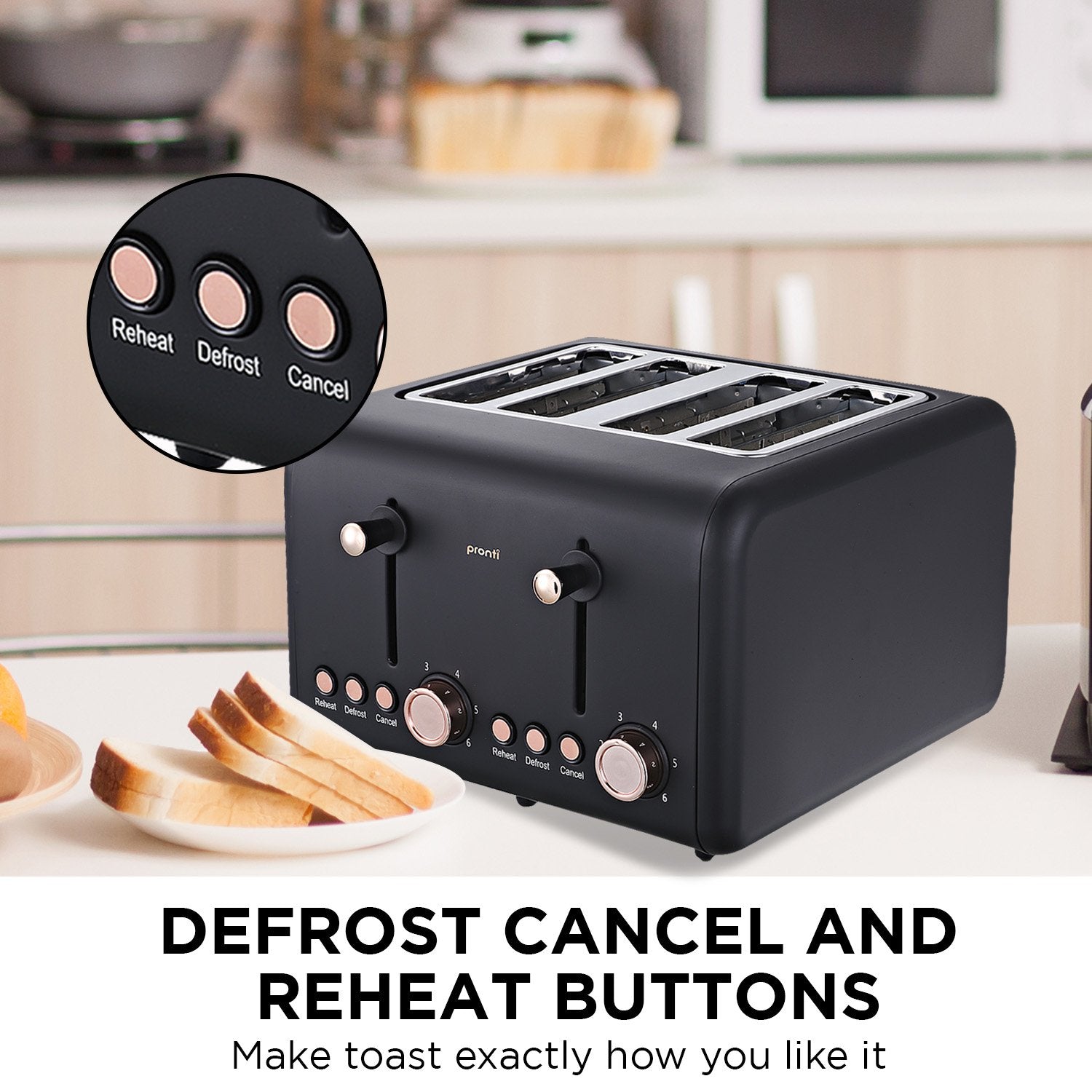 Pronti 4 Slice Toaster Rose Trim Collection - Black V240-TSR-4SL-GST-BK
