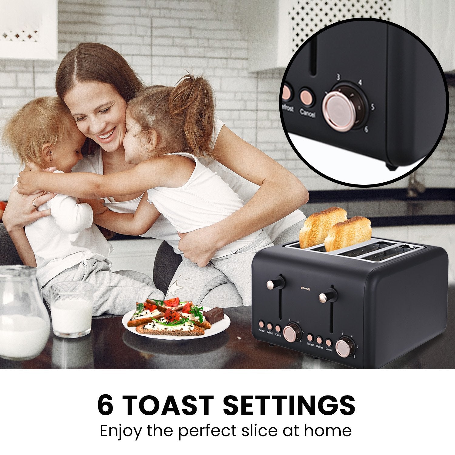 Pronti 4 Slice Toaster Rose Trim Collection - Black V240-TSR-4SL-GST-BK