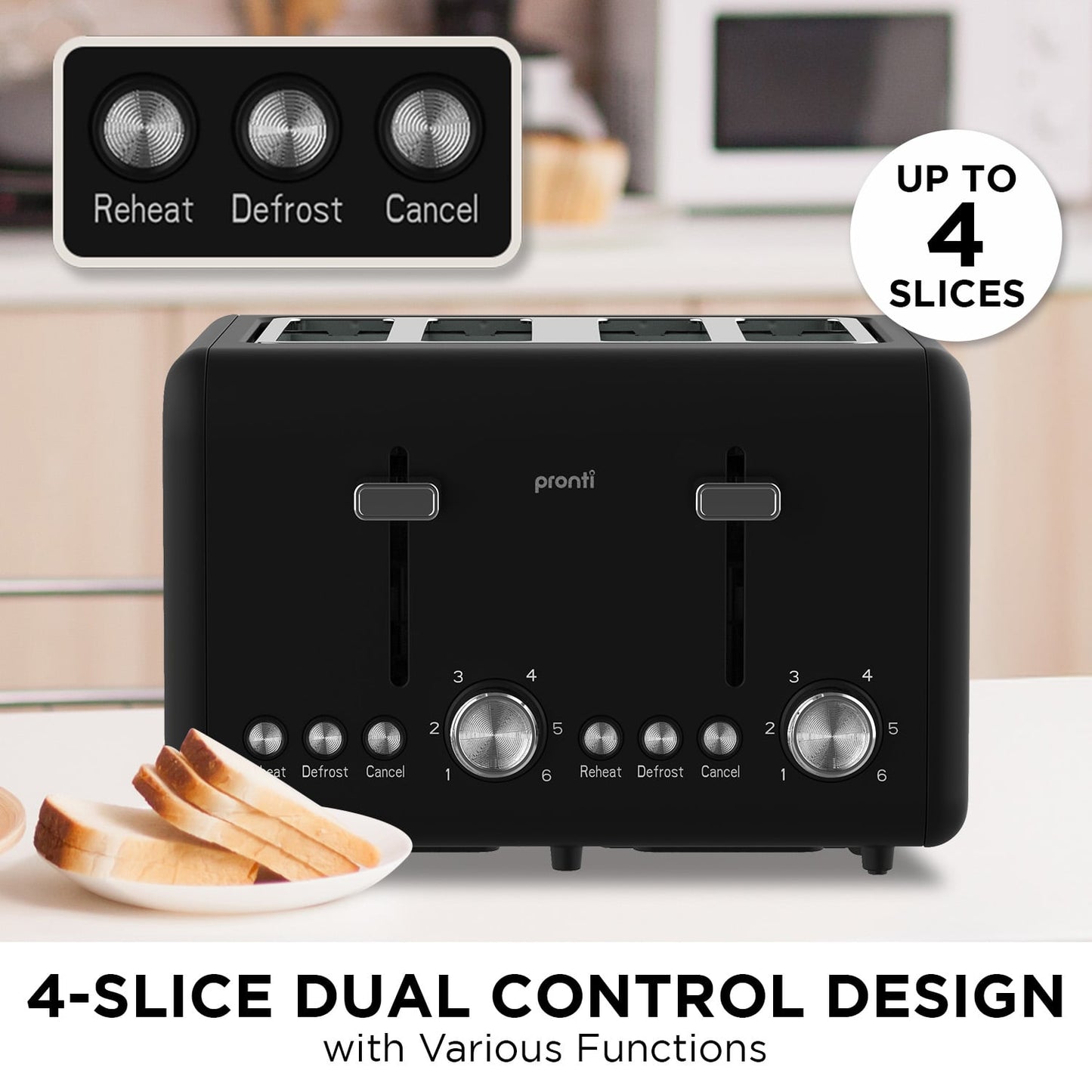 Pronti Silver Noir Collection 4 Slice Toaster with Dual Controls V240-TSR-T02-GST-BK