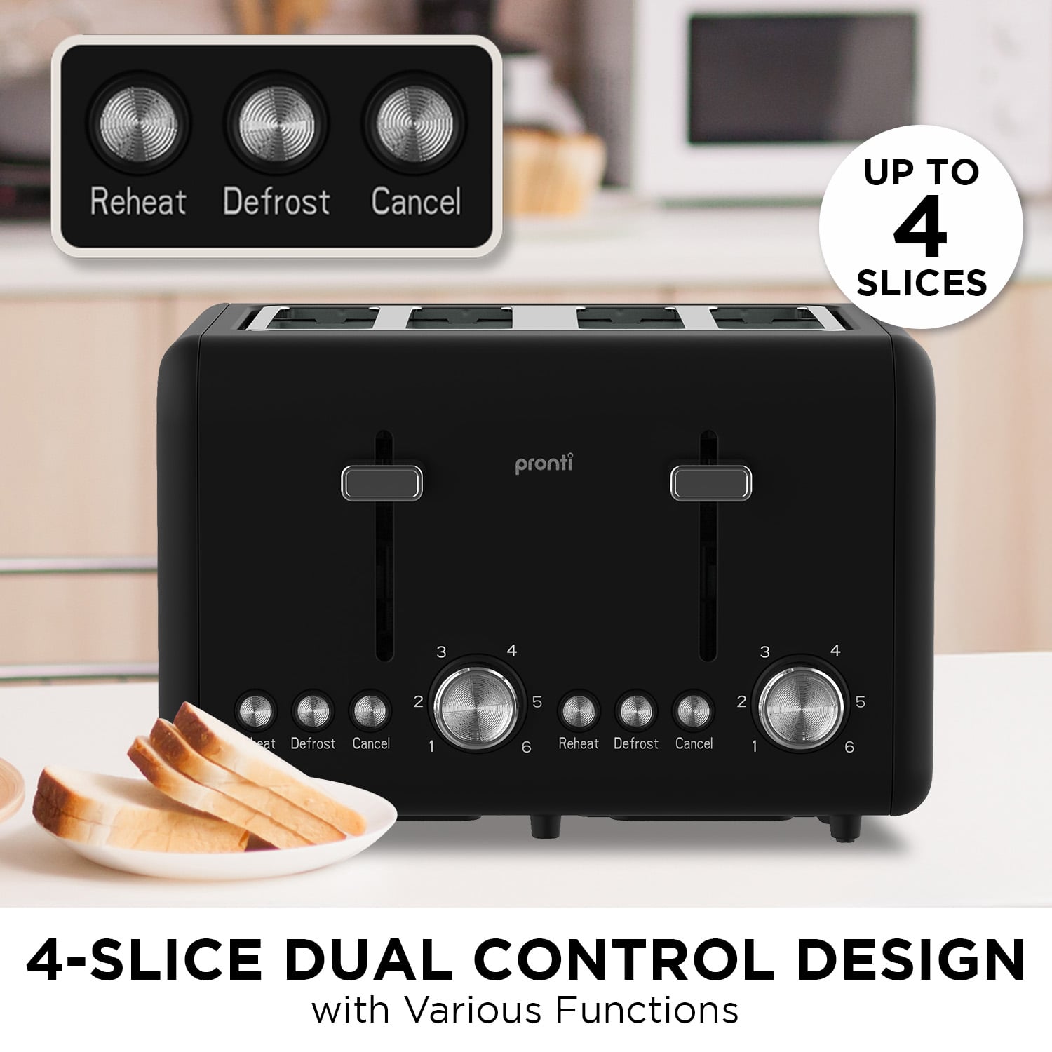 Pronti Silver Noir Collection 4 Slice Toaster with Dual Controls V240-TSR-T02-GST-BK