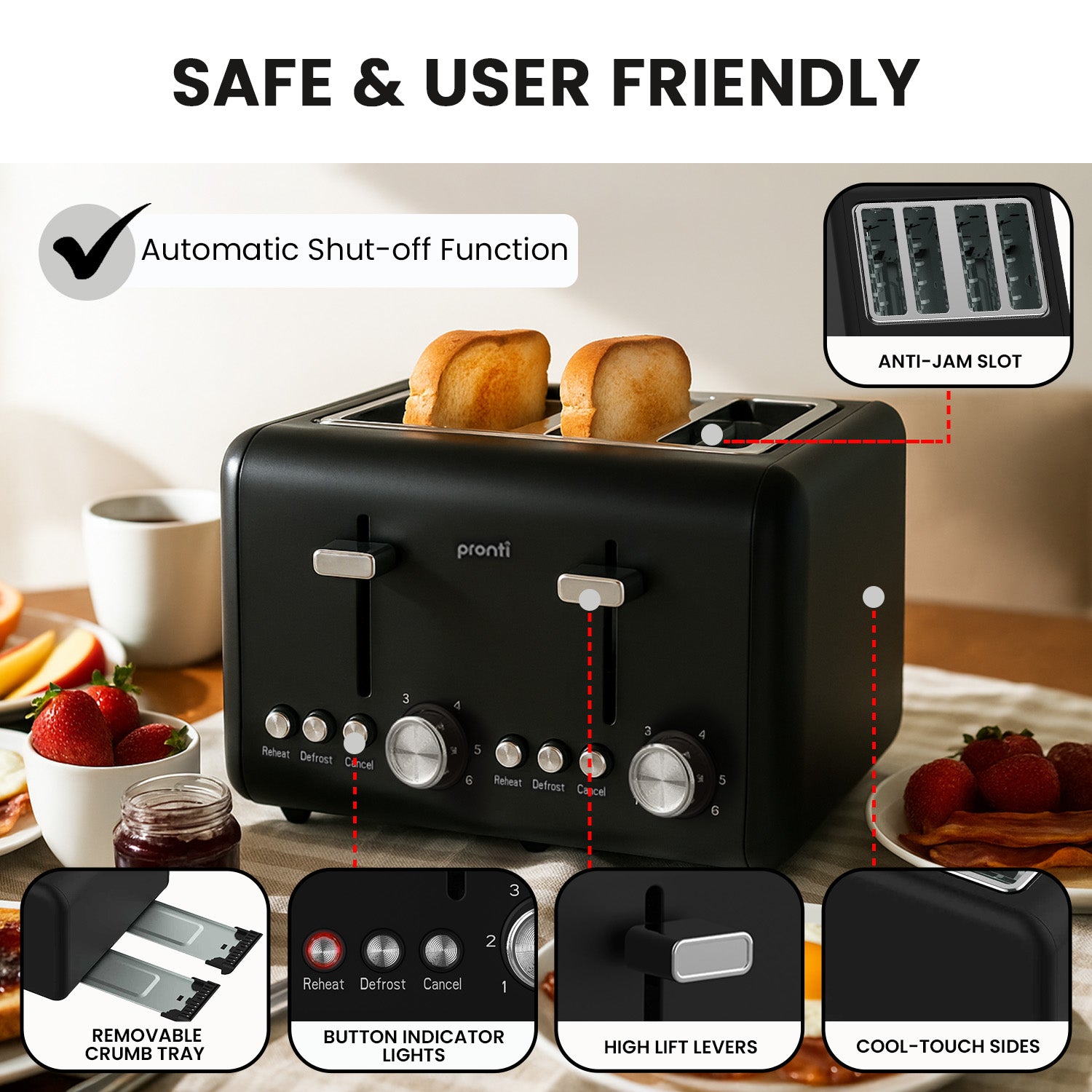 Pronti Silver Noir Collection 4 Slice Toaster with Dual Controls V240-TSR-T02-GST-BK