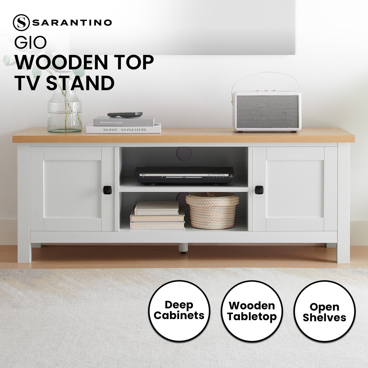 Sarantino Gio TV Entertainment Stand Cabinet Cupboard in White and Natural Wood Finish V240-TVS-064-02-WHN