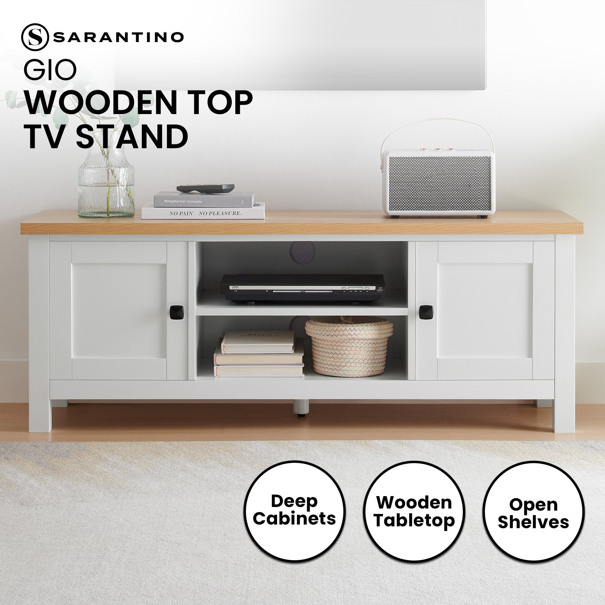 Sarantino Gio TV Entertainment Stand Cabinet Cupboard in White and Natural Wood Finish V240-TVS-064-02-WHN