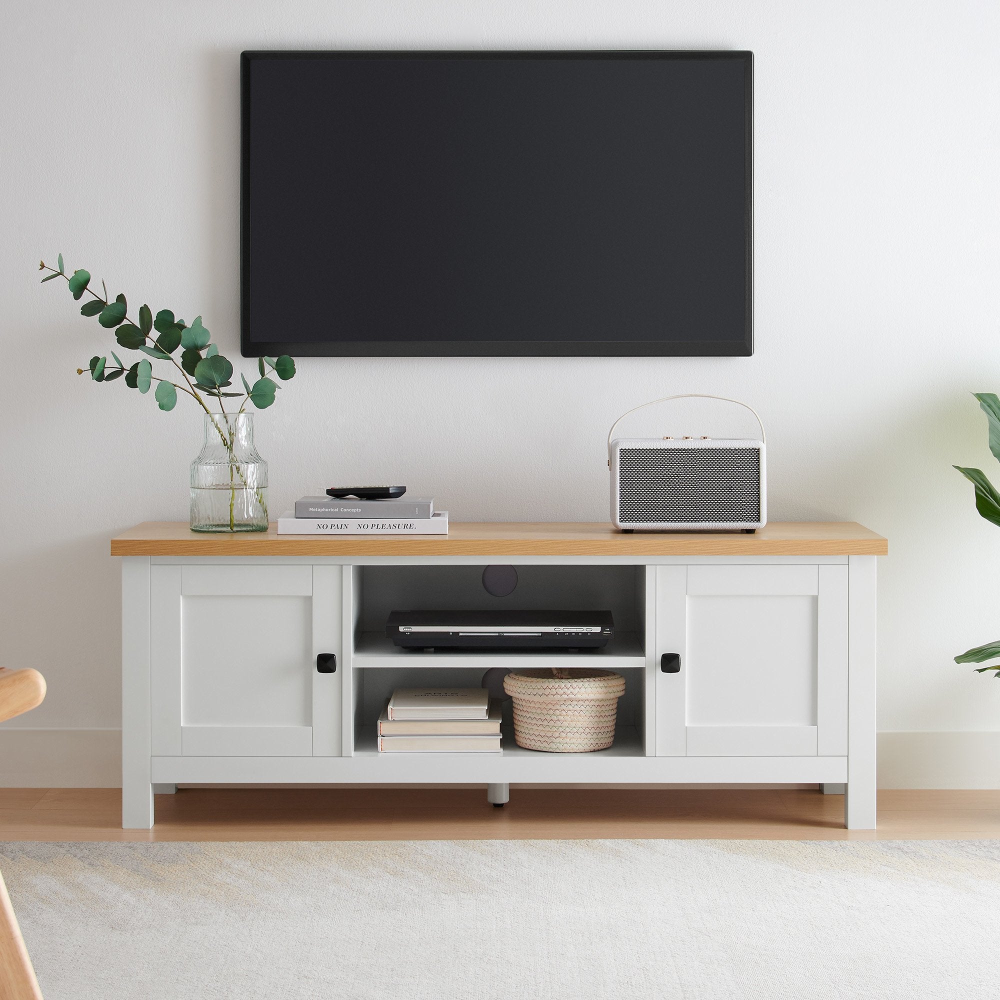 Sarantino Gio TV Entertainment Stand Cabinet Cupboard in White and Natural Wood Finish V240-TVS-064-02-WHN