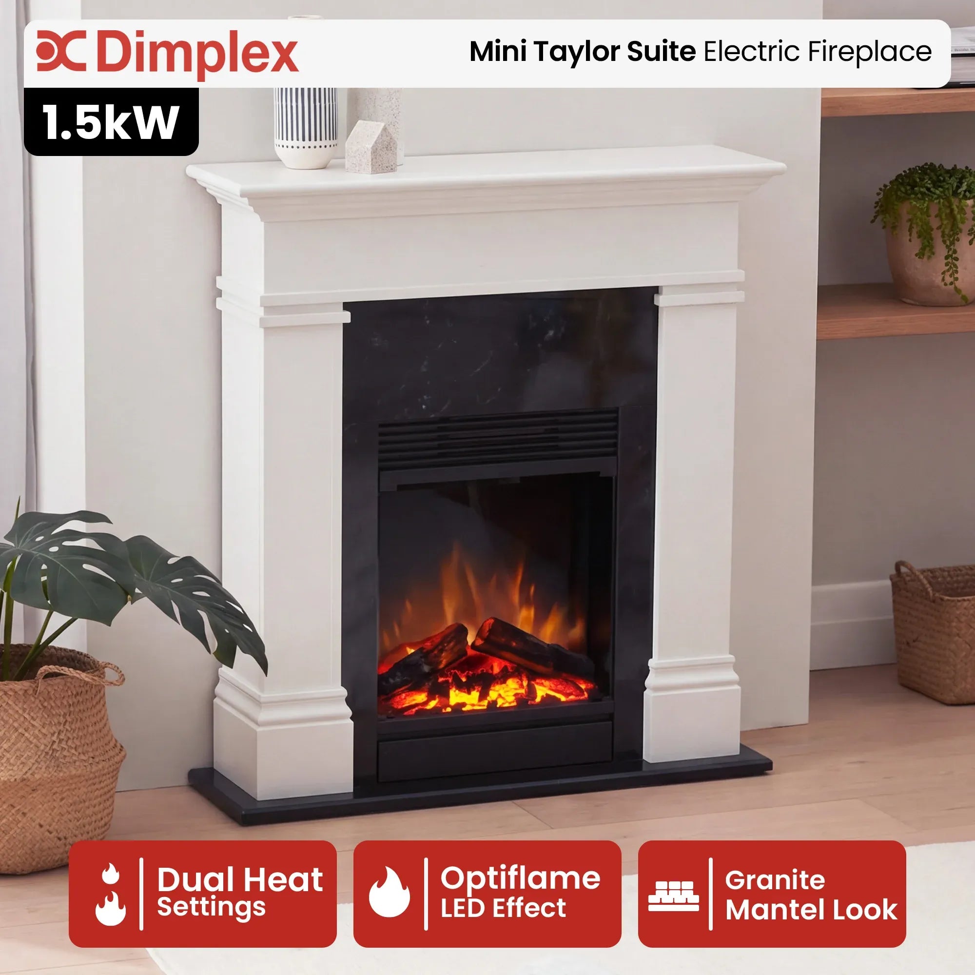 Dimplex 1.5kW Mini Taylor Suite Optiflame Electric Fireplace w/ LED Flame Effect V240-TYL15-AU