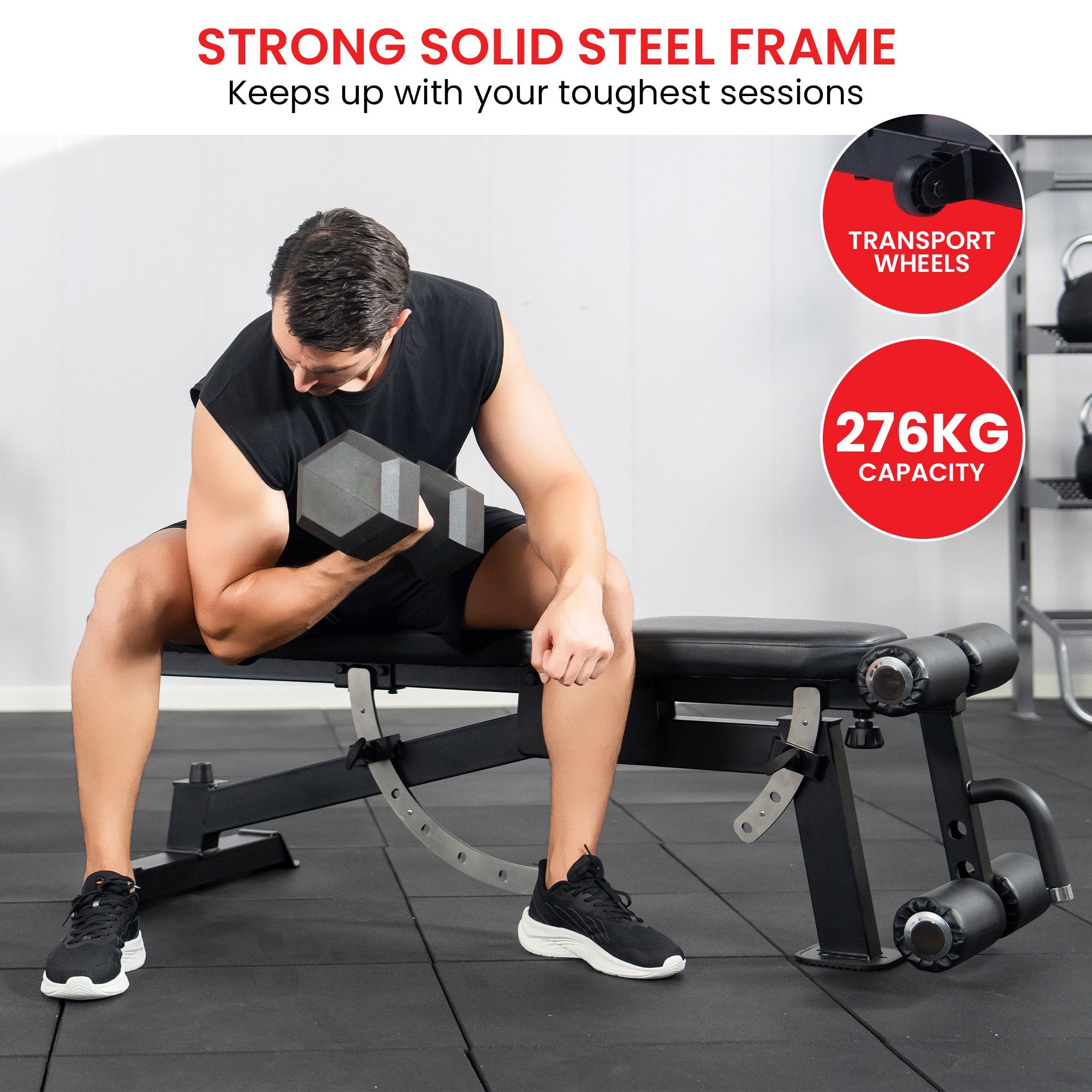 Powertrain Multi Workout Bench with Transport Wheels and Adjustable Backrest V240-WBD-JX-190