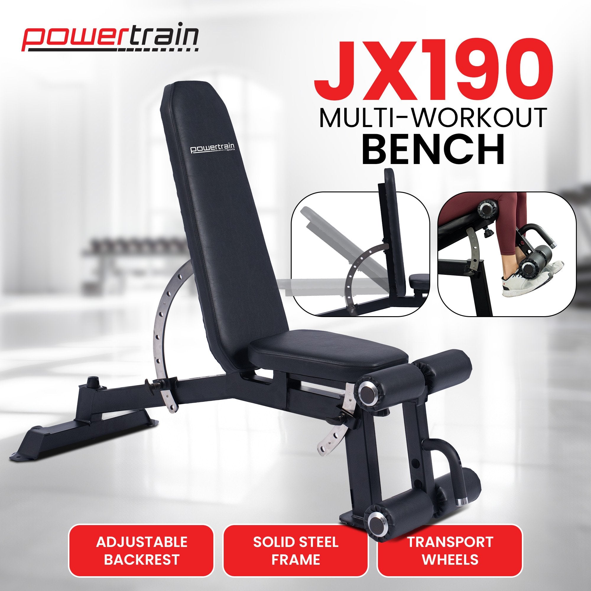 Powertrain Multi Workout Bench with Transport Wheels and Adjustable Backrest V240-WBD-JX-190