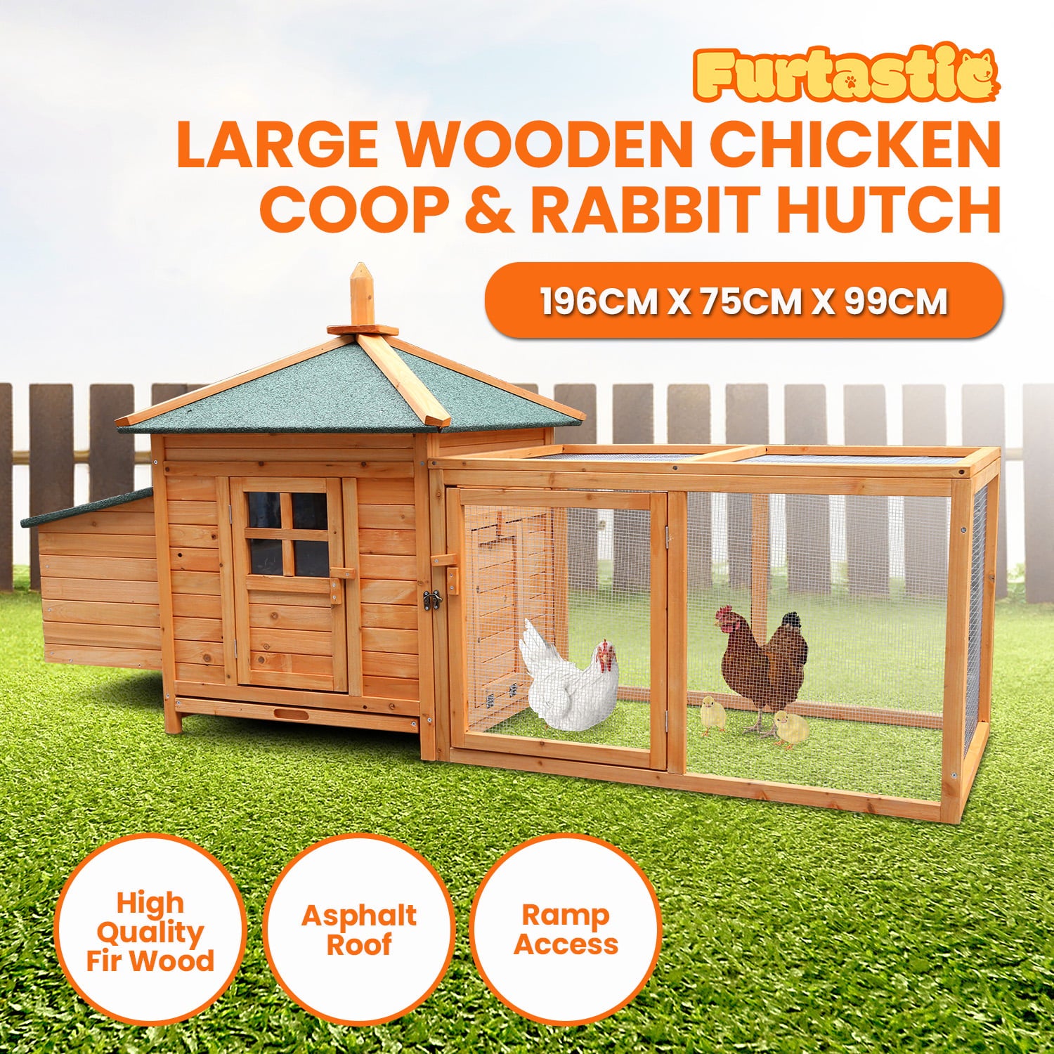 Furtastic Large Wooden Chicken Coop Rabbit Hutch Nesting Box Fir Wood V240-WCC-JOY-004-LHN