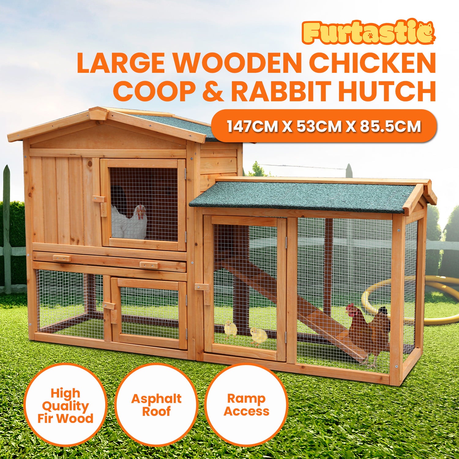Furtastic Large Wooden Chicken Coop & Rabbit Hutch With Ramp V240-WCC-JOY-005-LHR