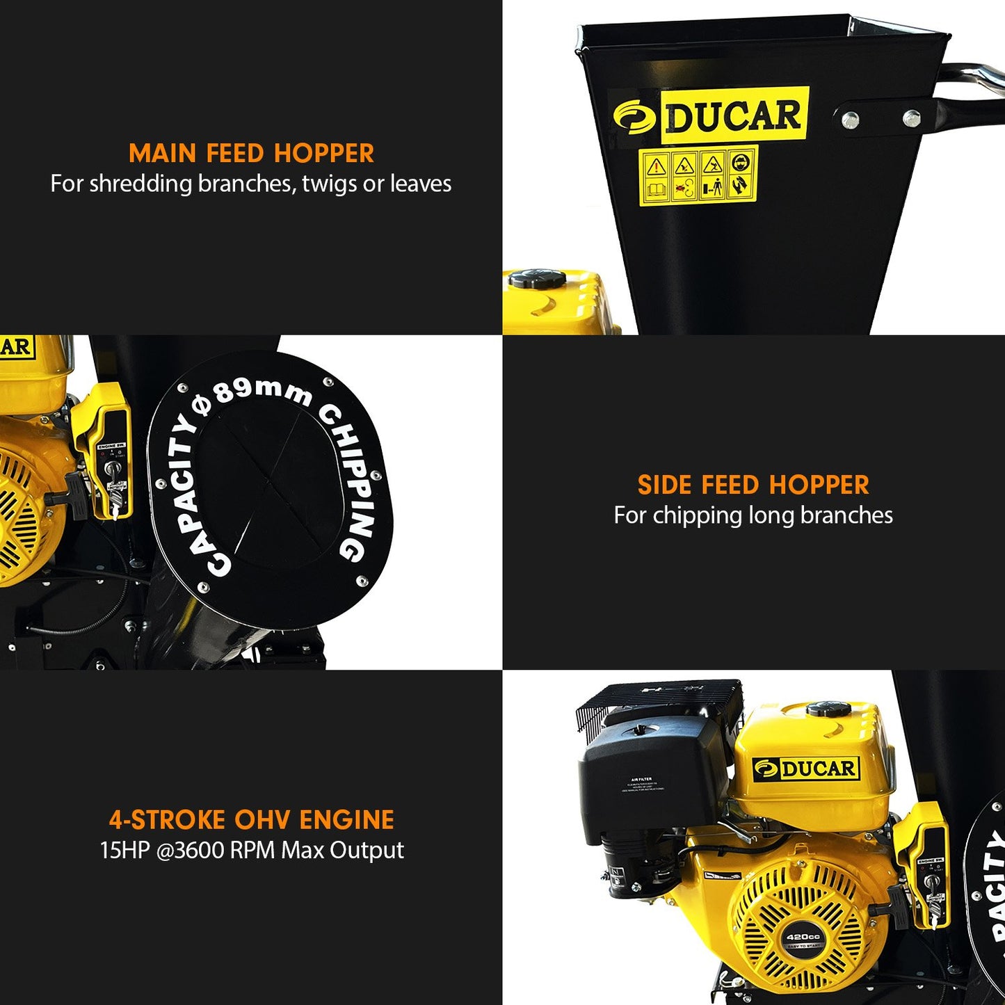 Ducar 89mm Key Electric Start Wood Chipper 420cc 15hp 4-stroke Engine Unleaded Petrol Garden Shredder Mulcher V240-WCP-601C-YLBK
