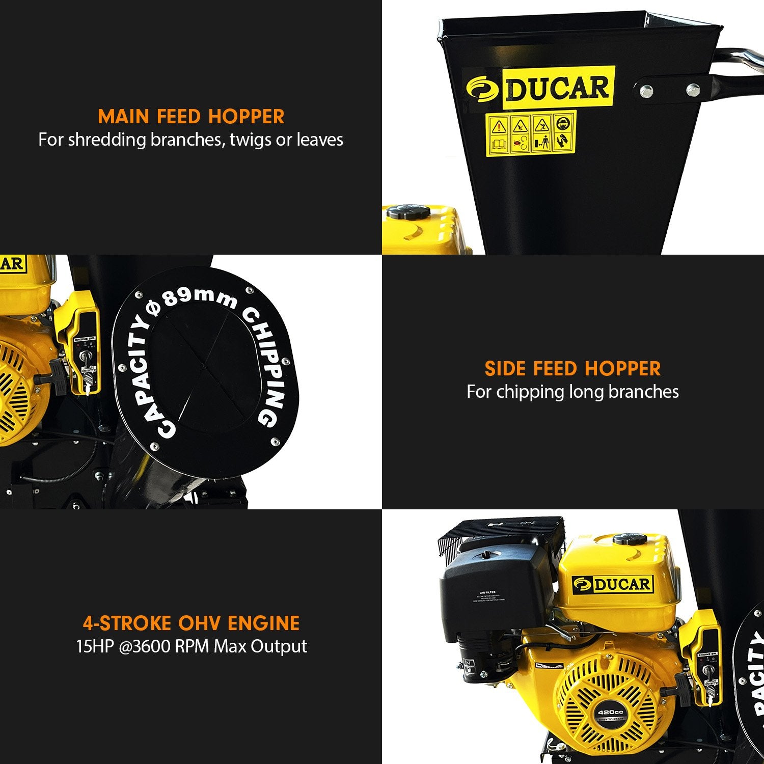 Ducar 89mm Key Electric Start Wood Chipper 420cc 15hp 4-stroke Engine Unleaded Petrol Garden Shredder Mulcher V240-WCP-601C-YLBK