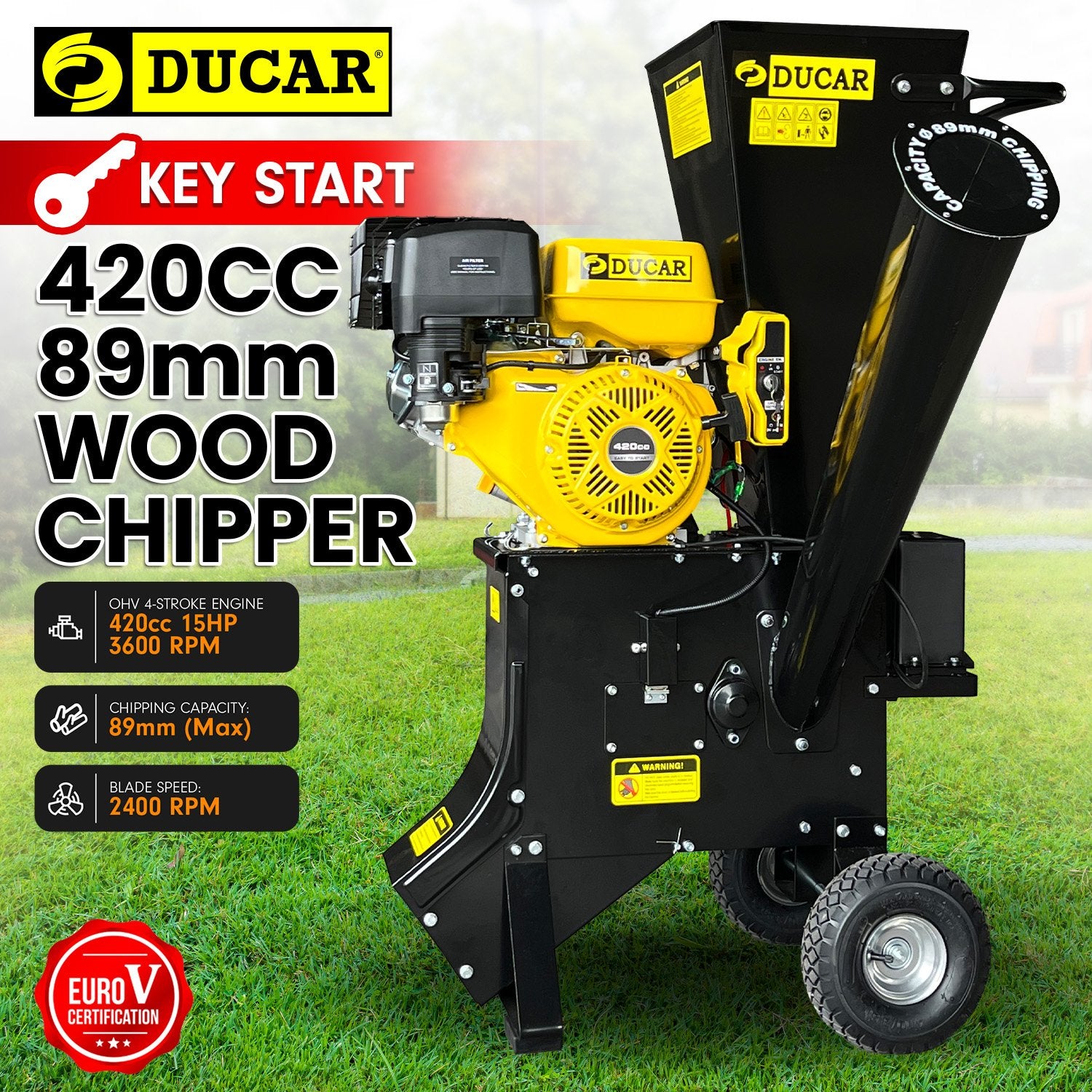 Ducar 89mm Key Electric Start Wood Chipper 420cc 15hp 4-stroke Engine Unleaded Petrol Garden Shredder Mulcher V240-WCP-601C-YLBK