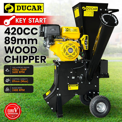 Ducar 89mm Key Electric Start Wood Chipper 420cc 15hp 4-stroke Engine Unleaded Petrol Garden Shredder Mulcher V240-WCP-601C-YLBK