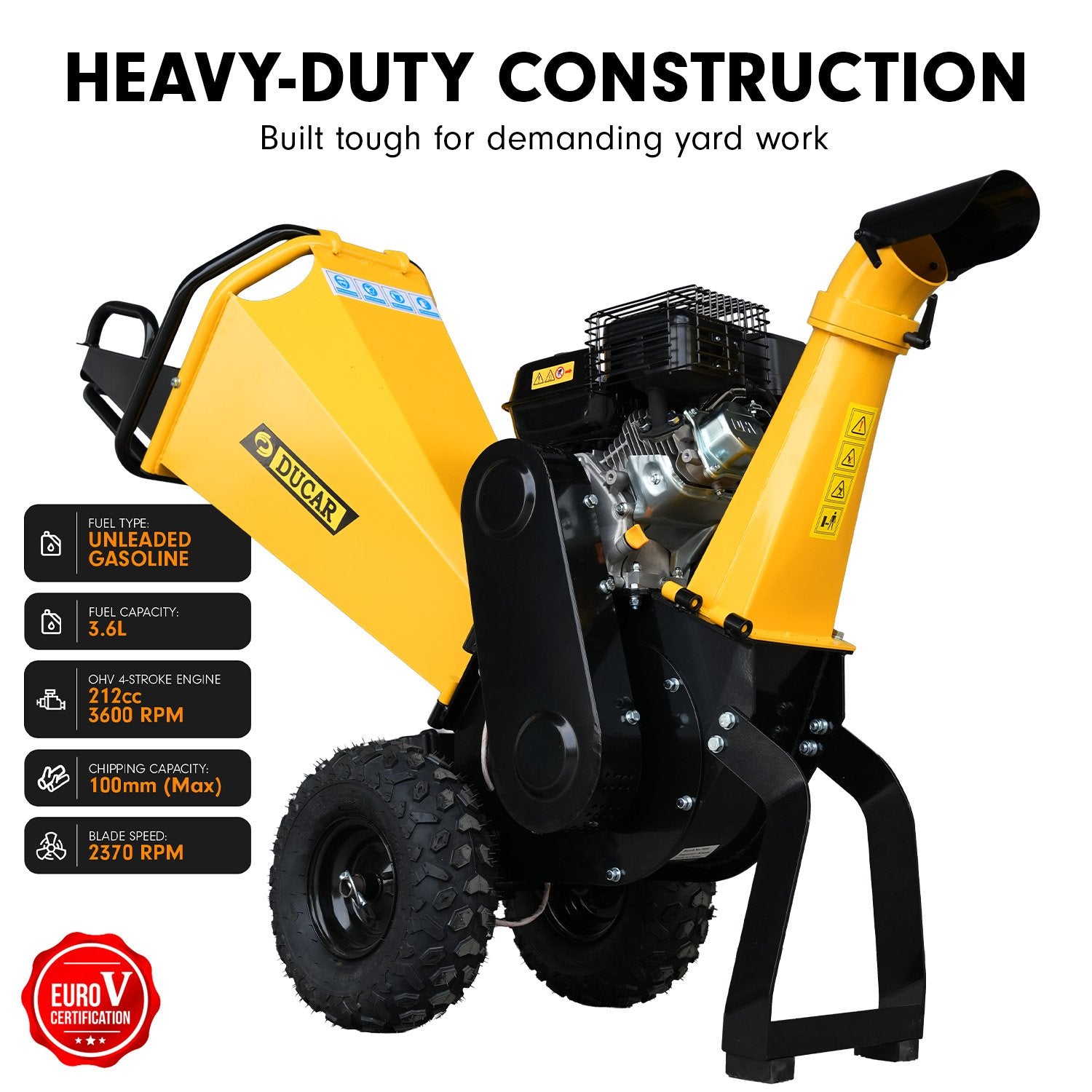 Ducar 70p 3600 Rpm Yellow Black Wood Chipper Shredder Mulcher Grinder Recoil & Electrical Starting System V240-WCP-70P-YLBK
