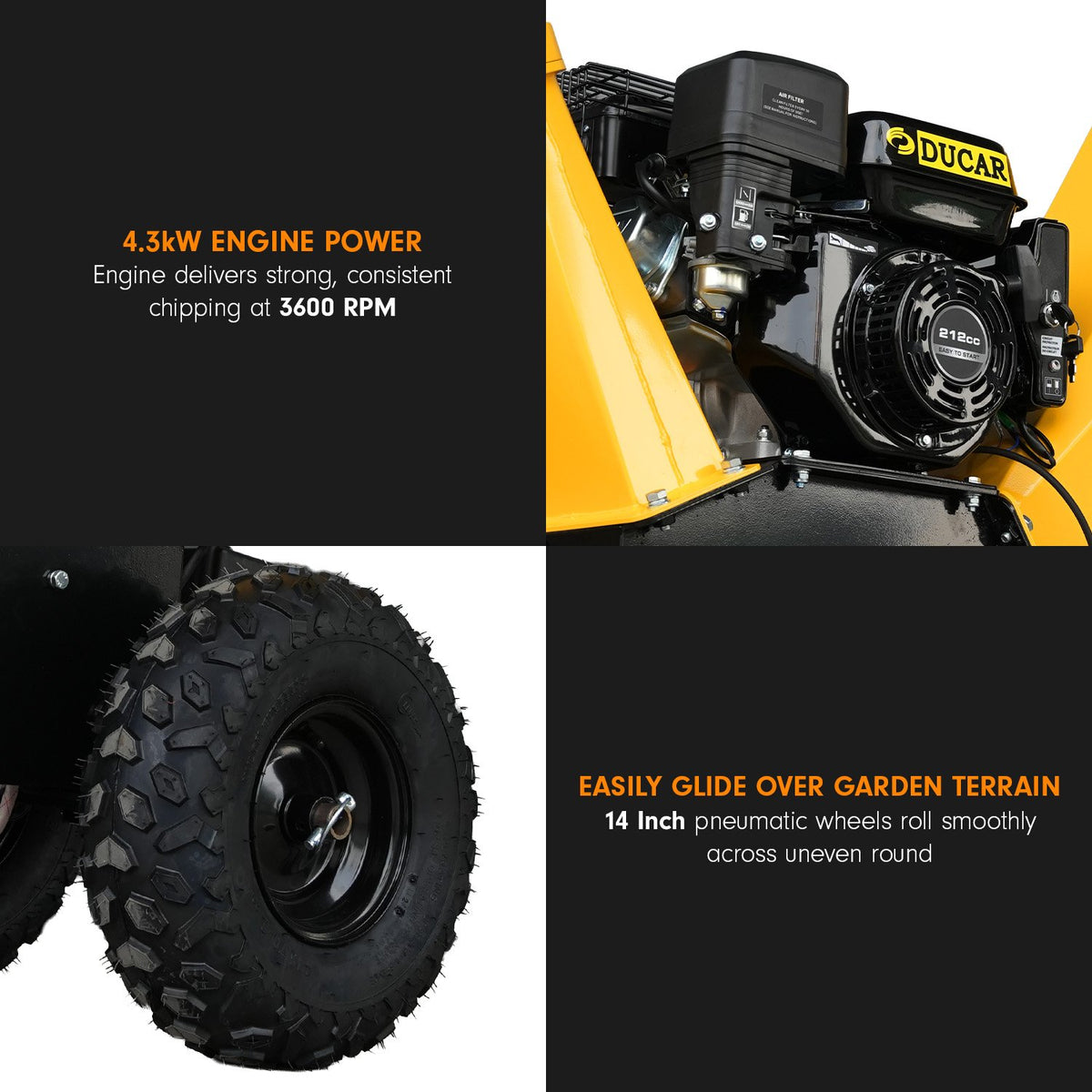 Ducar 70p 3600 Rpm Yellow Black Wood Chipper Shredder Mulcher Grinder Recoil & Electrical Starting System V240-WCP-70P-YLBK