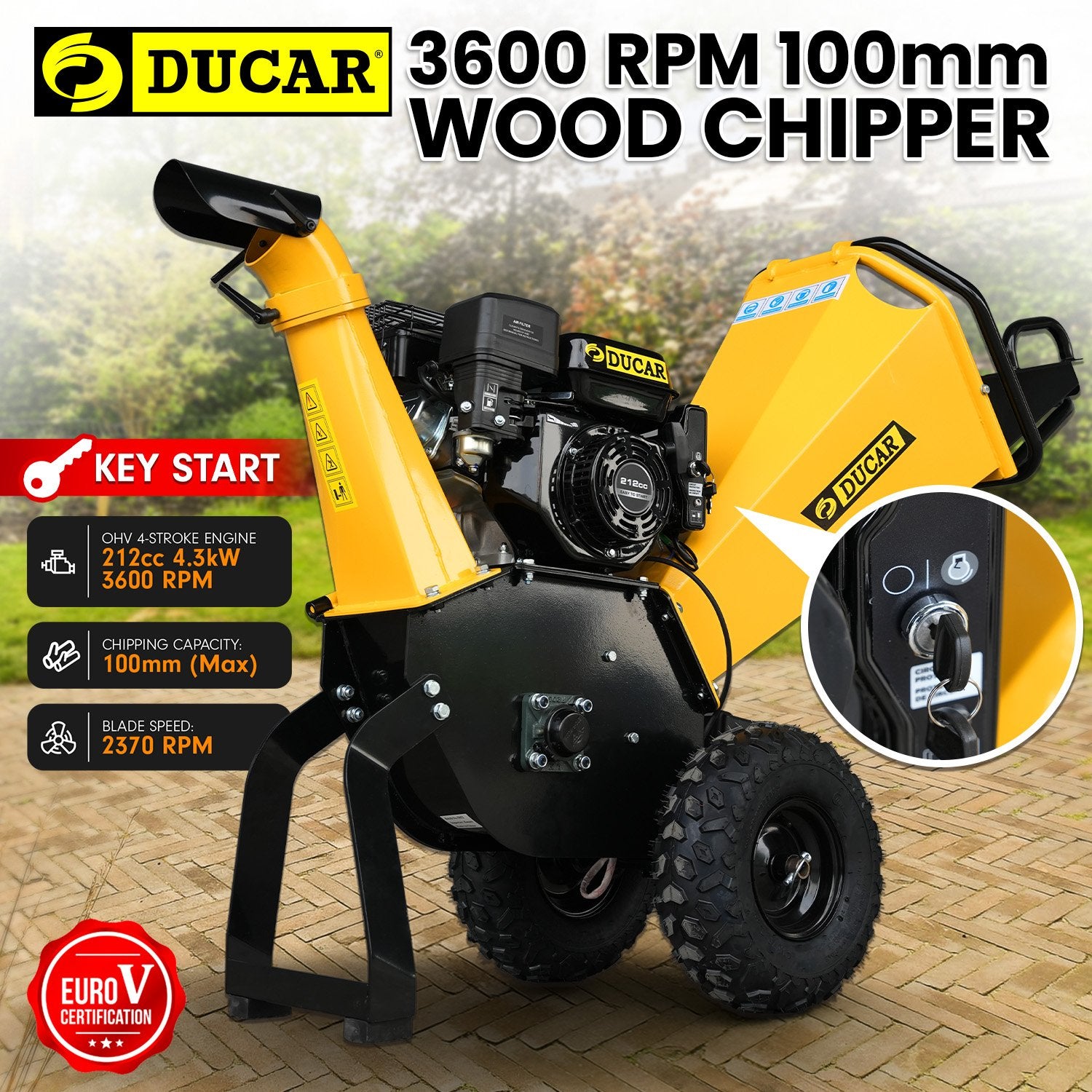 Ducar 70p 3600 Rpm Yellow Black Wood Chipper Shredder Mulcher Grinder Recoil & Electrical Starting System V240-WCP-70P-YLBK