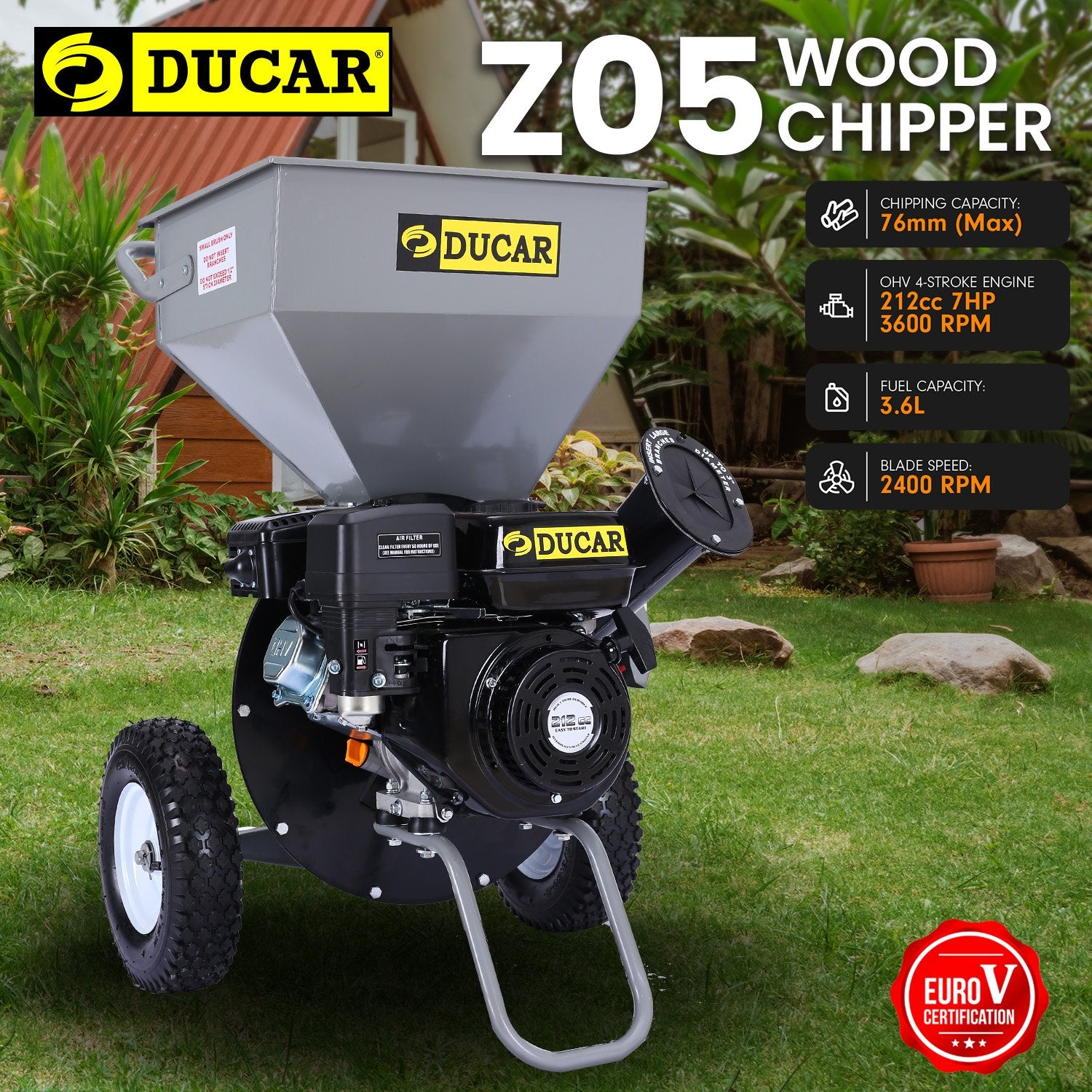 Ducar Wood Chipper Shredder Mulcher Garden 8hp Petrol Motor Upright Grinder - Silver V240-WCP-Z05-SLBK