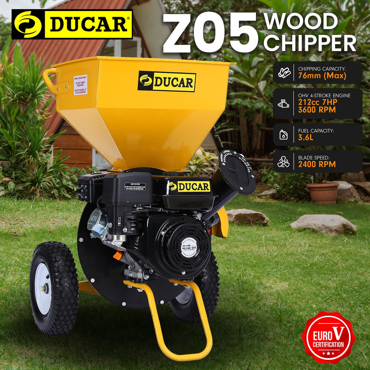 Ducar Wood Chipper Shredder Mulcher Garden 8hp Petrol Motor Upright Grinder - Yellow V240-WCP-Z05-YLBK