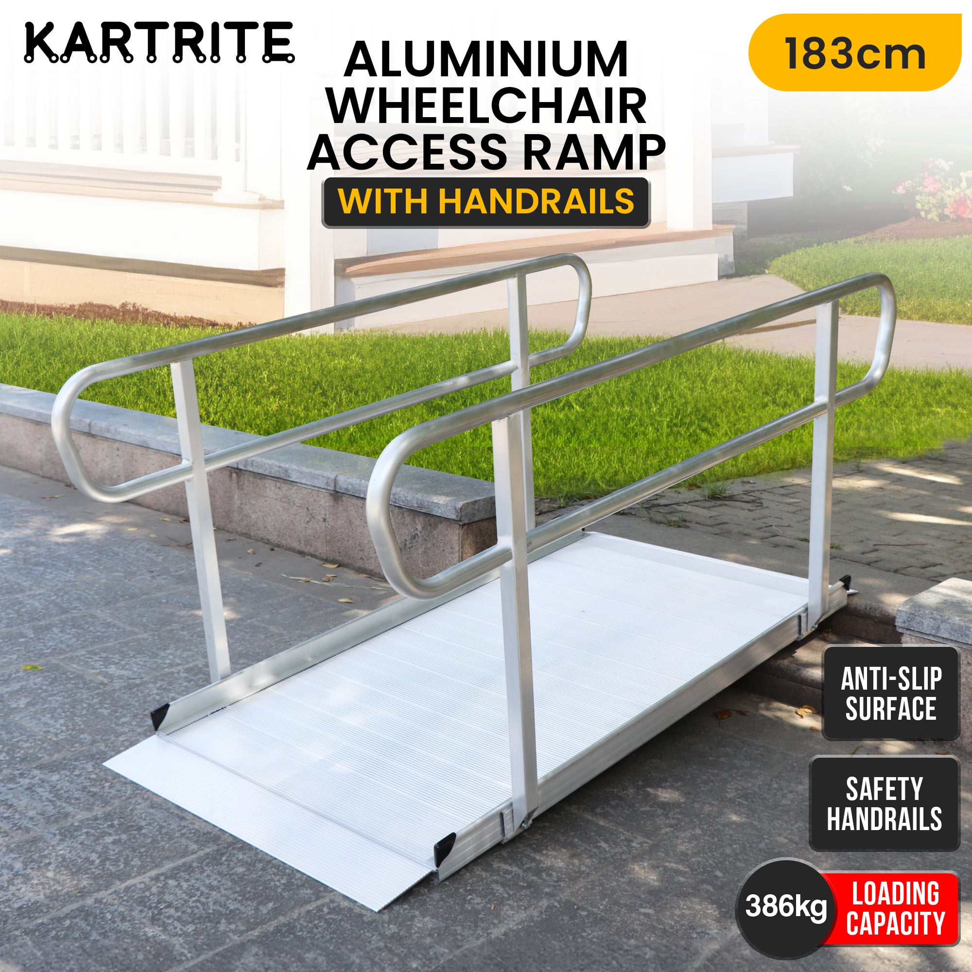 Kartrite 6ft Portable Aluminium Mobility Threshold Access Wheelchair Ramp w/ Handrails V240-WCR-01H-6FT-HND